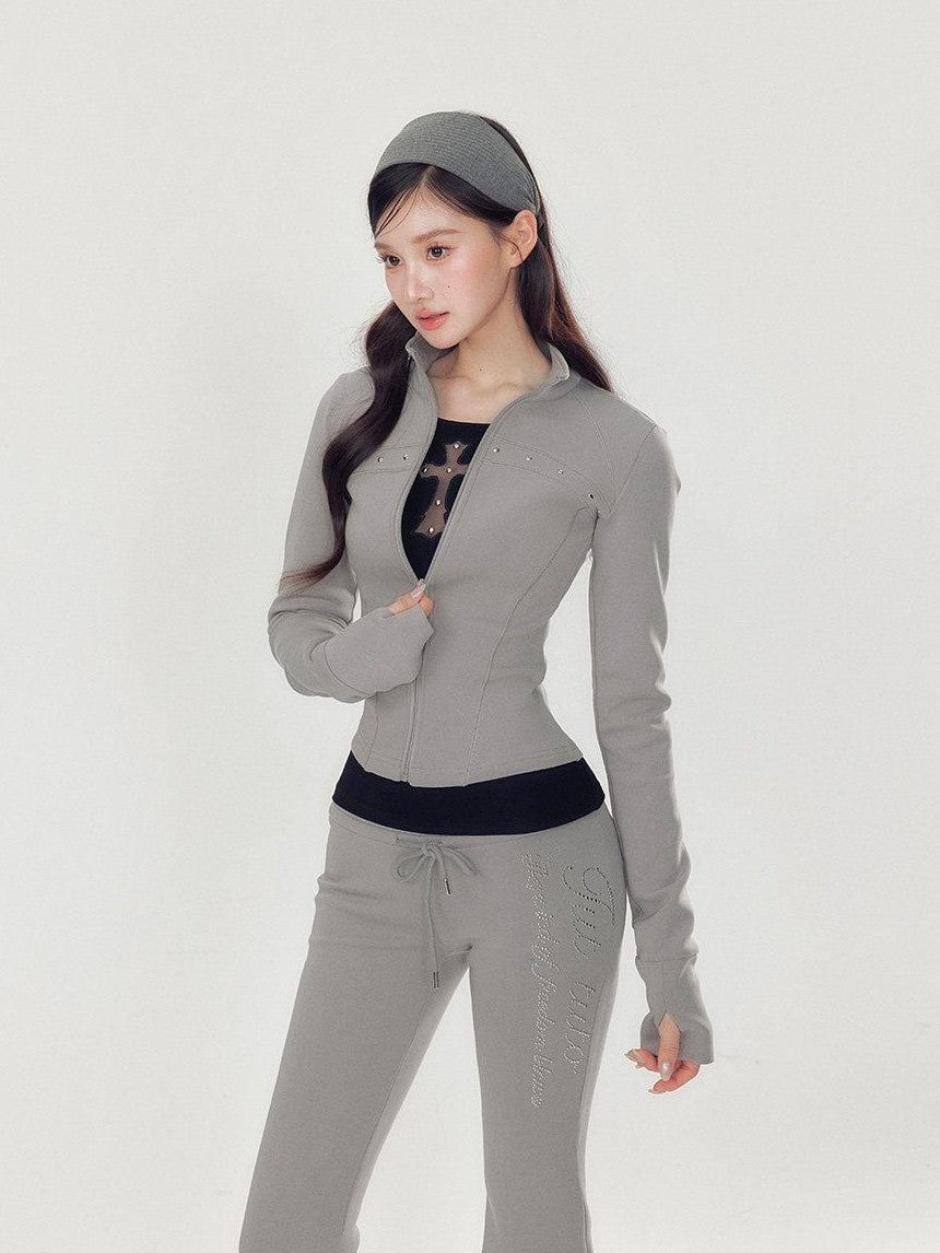 YZZI HE Pink Stand Collar Slim Fit Yoga Zipper Long Sleeve Women&