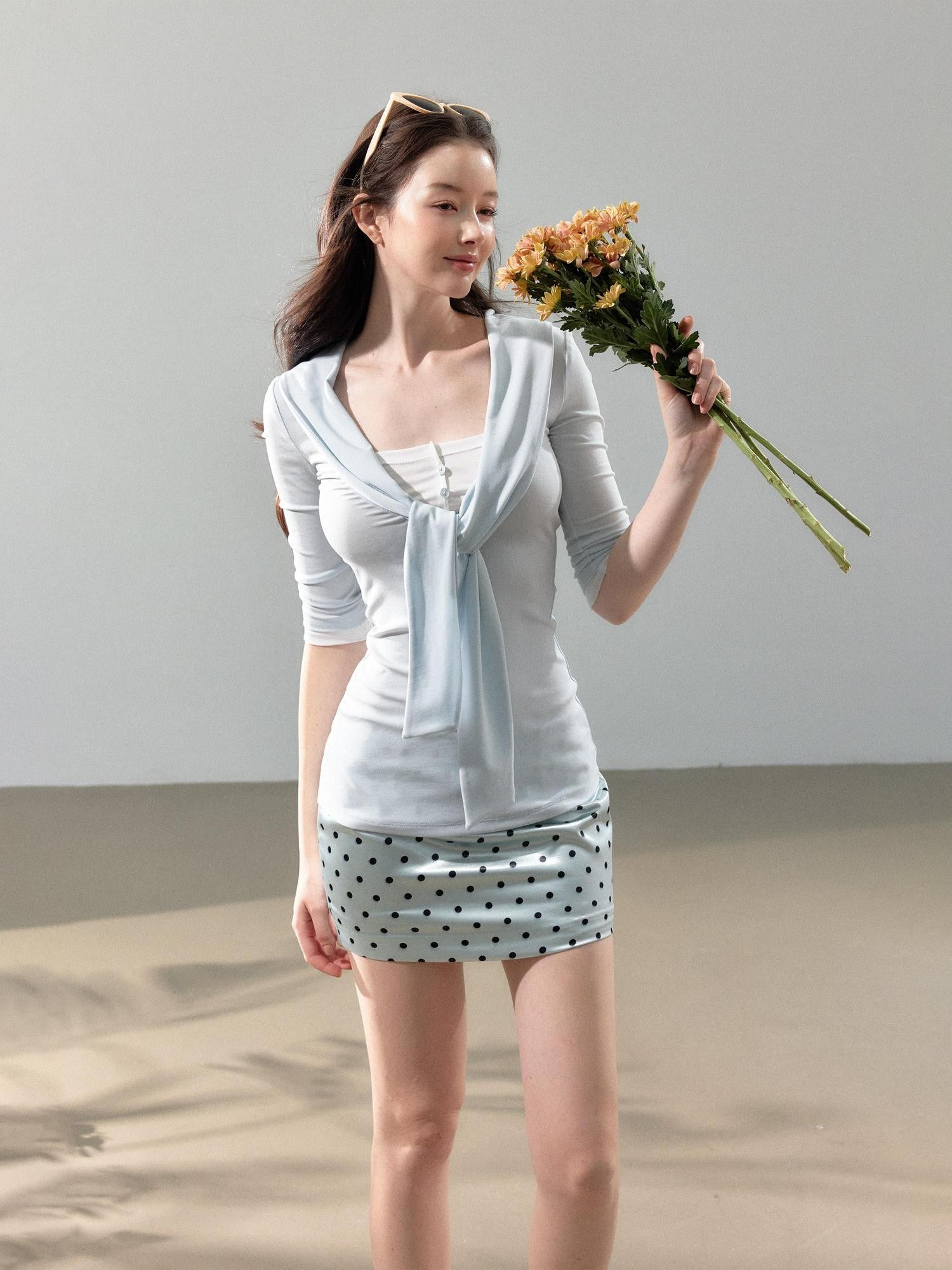 YZZI HE Pink White Blue Polka Dot Satin Women&