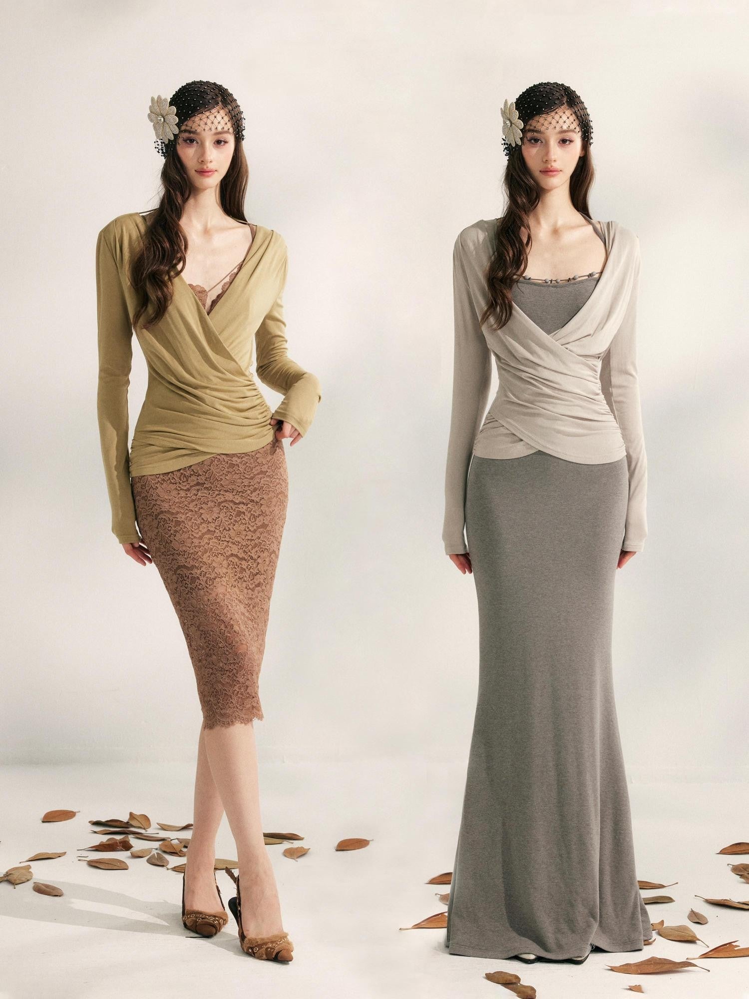 YZZI HE Pleated Crossover V-neck Cinched Waist Women&