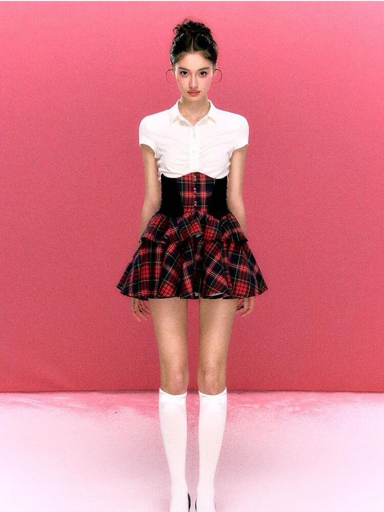 YZZI HE Retro Colorblock Patchwork High Waist Puff Women&
