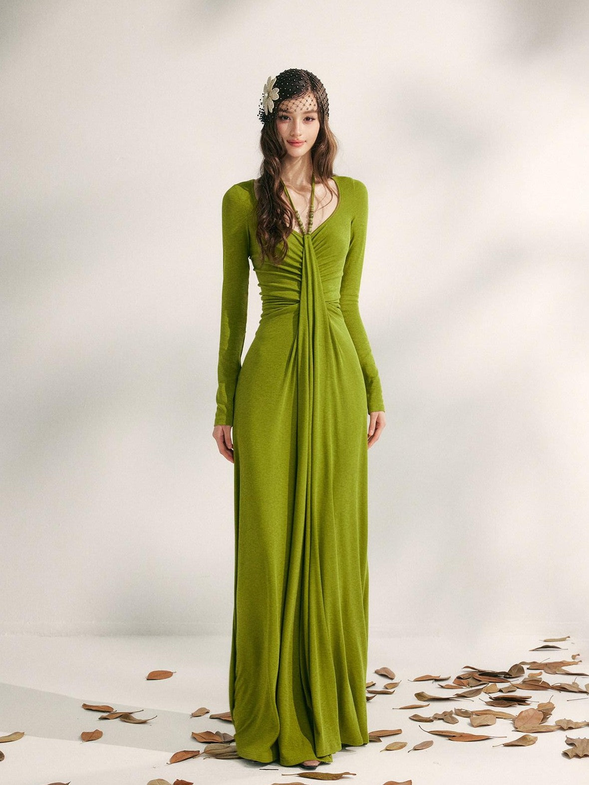 YZZI HE Tea Green French Pleated Halter Waist Cinched Women&
