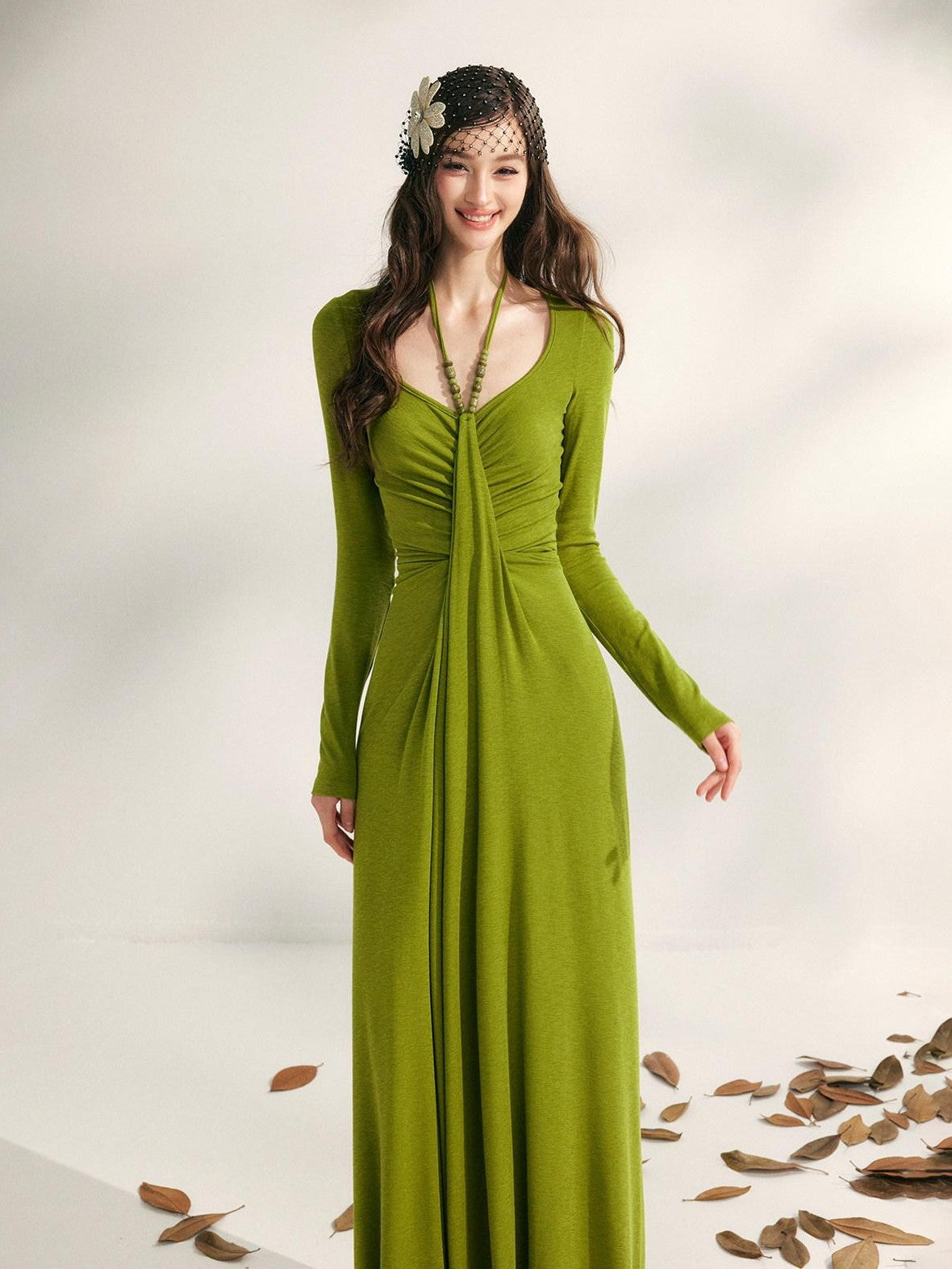 YZZI HE Tea Green French Pleated Halter Waist Cinched Women&