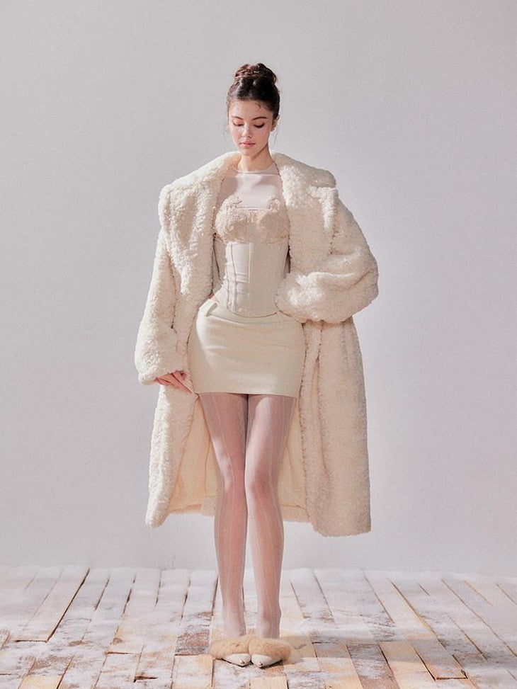 YZZI HE Teddy Lambswool Oversized Lapel Collar Long Loose Fit Women&