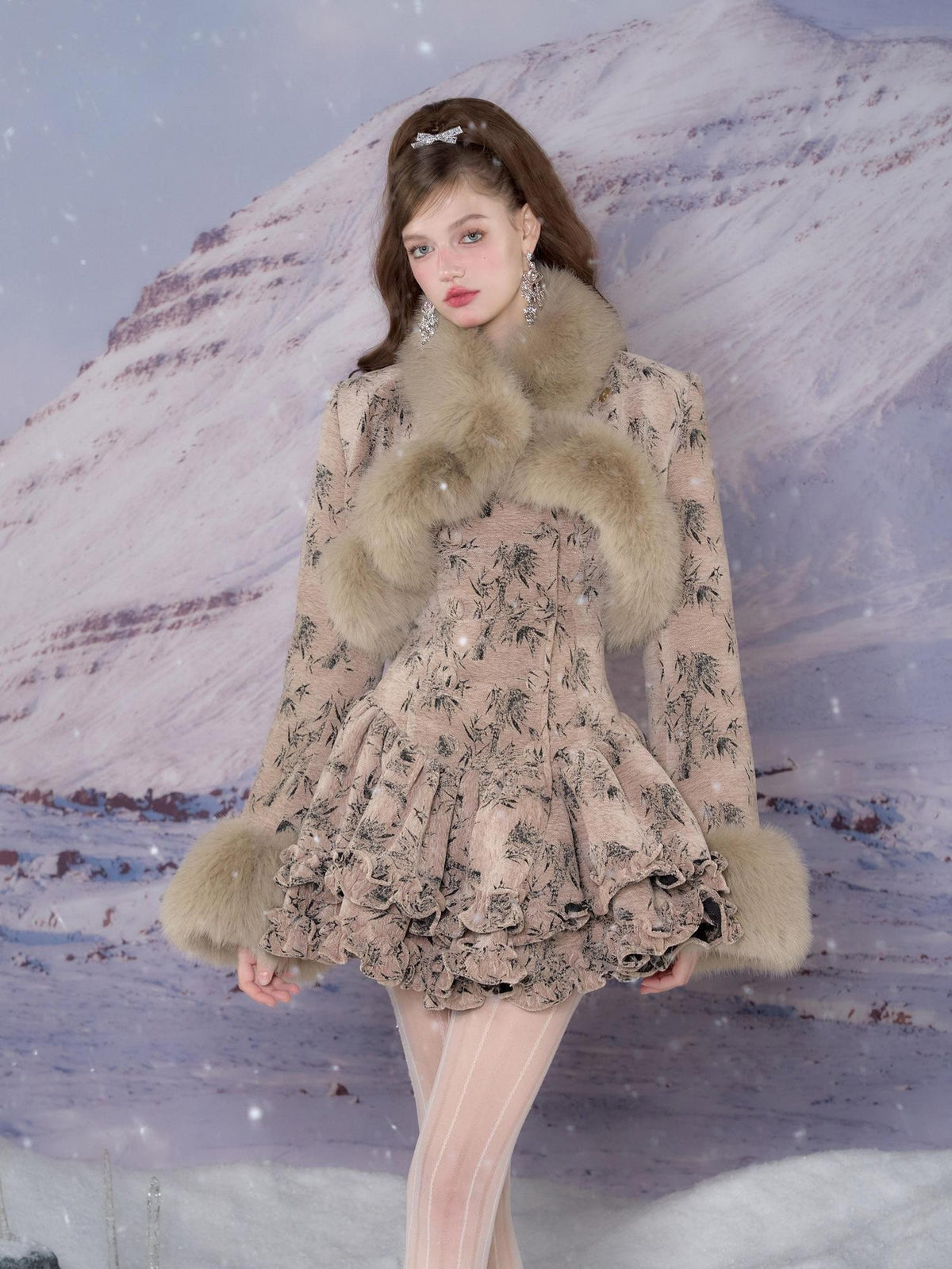 YZZI HE Vintage Fur Collar Puff A Line Long Sleeve Women&