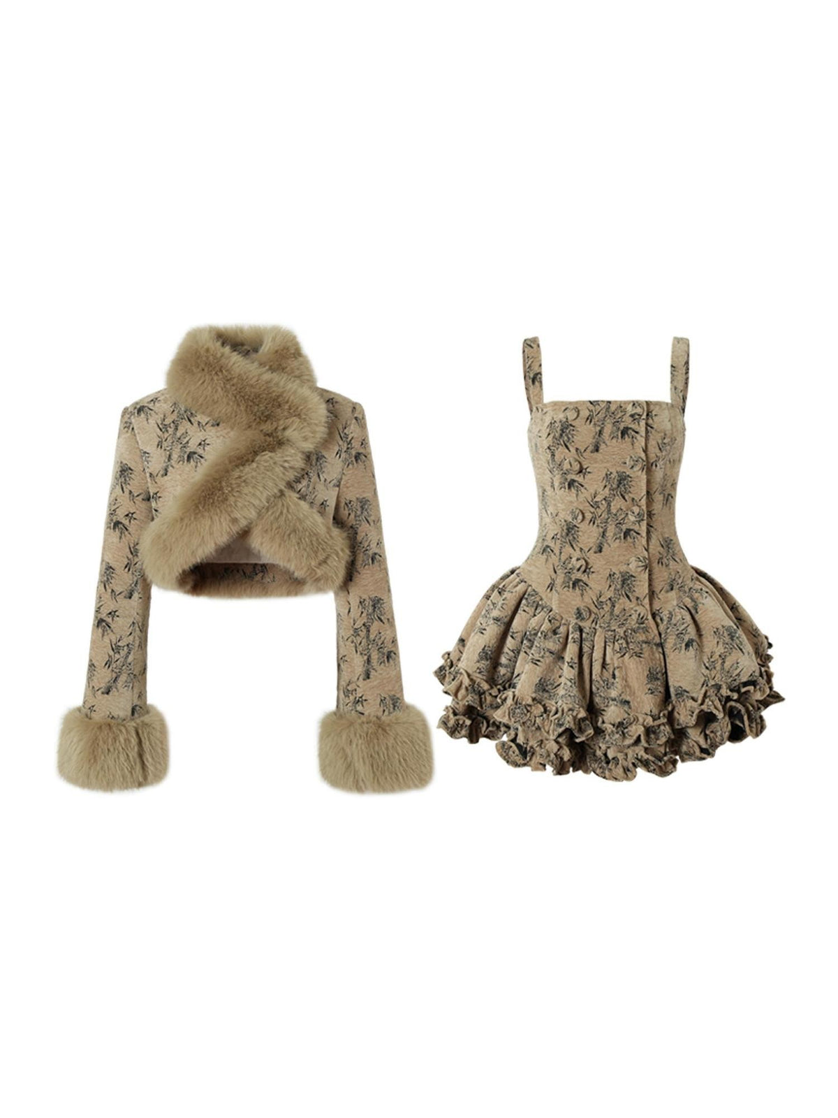 YZZI HE Vintage Fur Collar Puff A Line Long Sleeve Women&