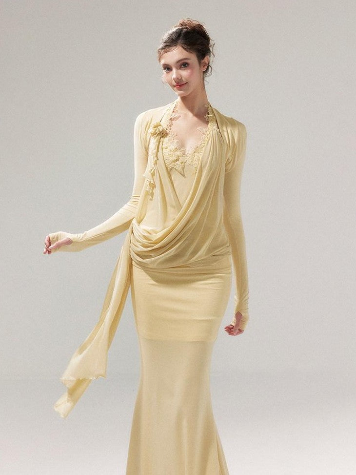 YZZI HE Zen Knitted Mesh Ribbon V-neck Women&