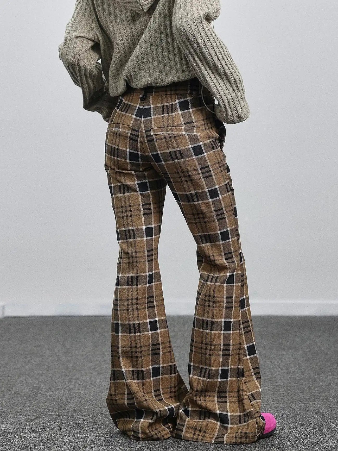 Yellow Checkered Flare Pants 2025 Summer Autumn Casual Wide Leg Trousers