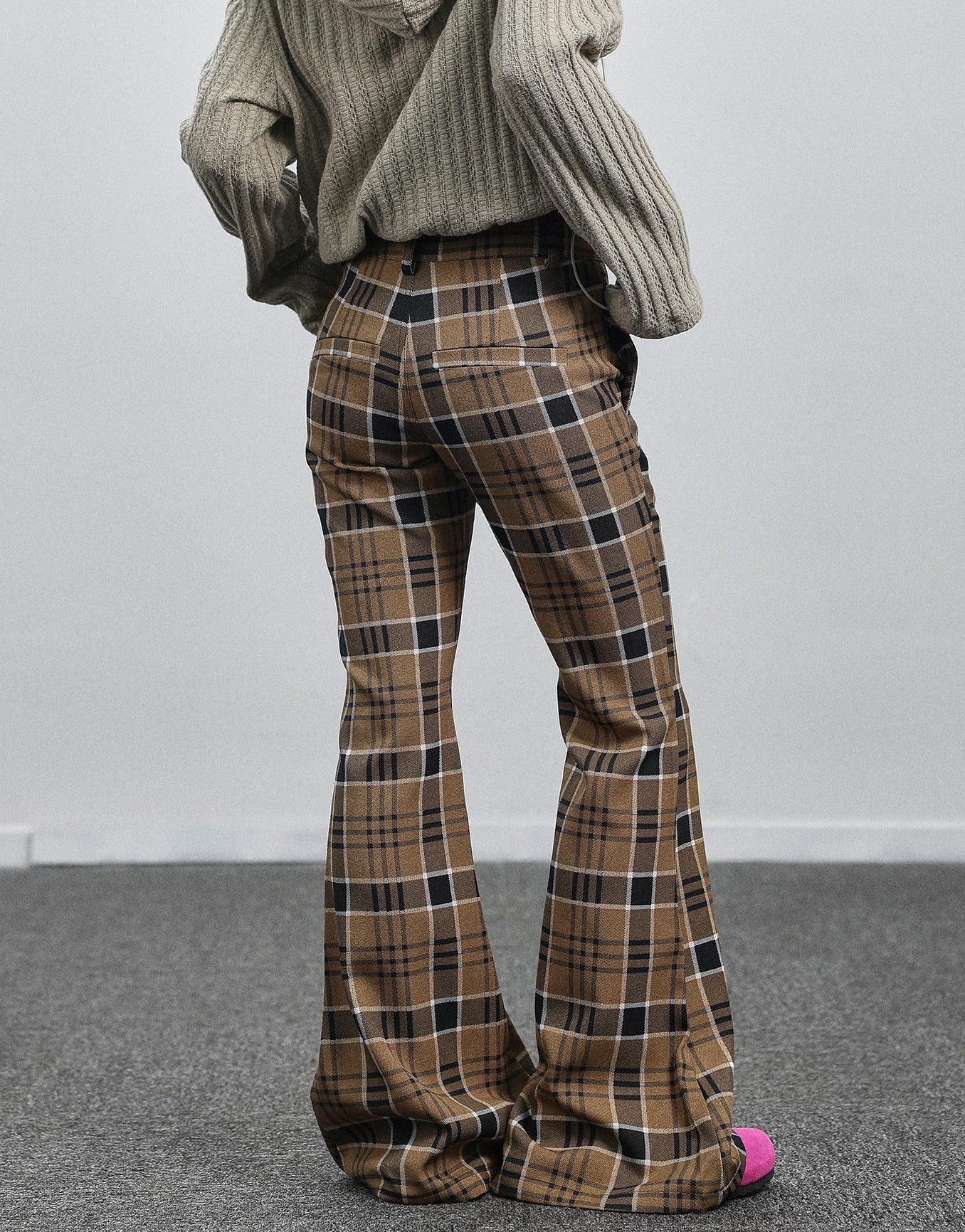 Achihara Yellow Checkered Flare Pants 2025 Summer Autumn Casual Wide Leg Trousers