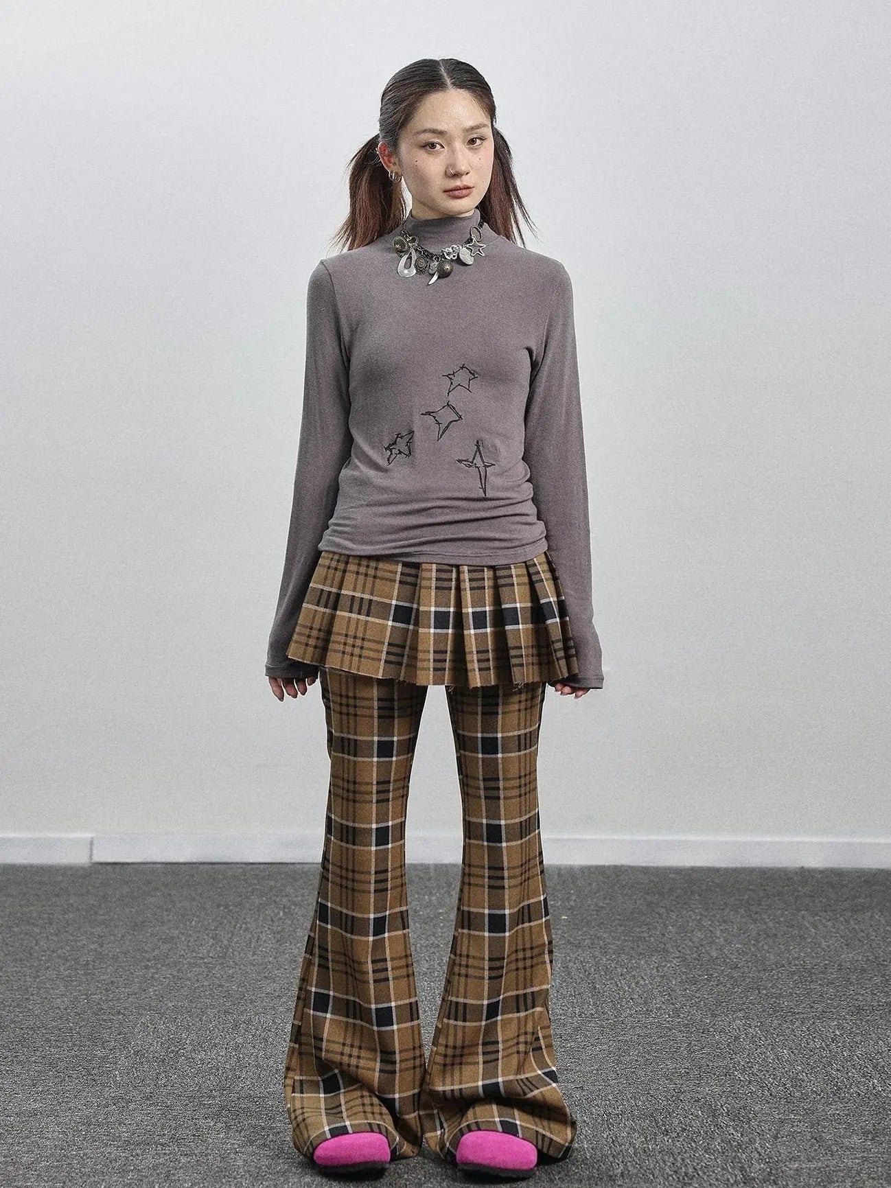 Yellow Checkered Flare Pants 2025 Summer Autumn Casual Wide Leg Trousers