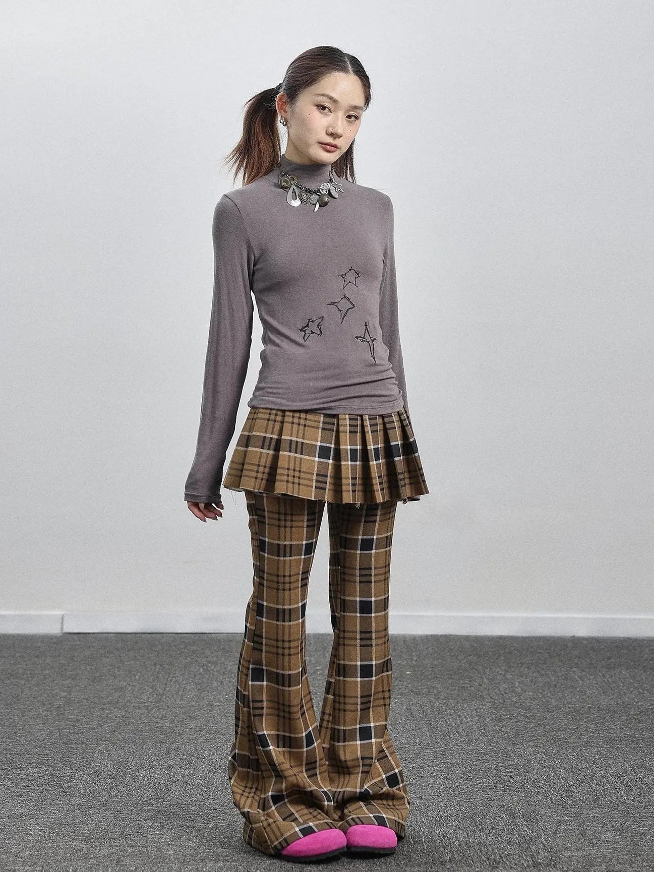 Yellow Checkered Flare Pants 2025 Summer Autumn Casual Wide Leg Trousers