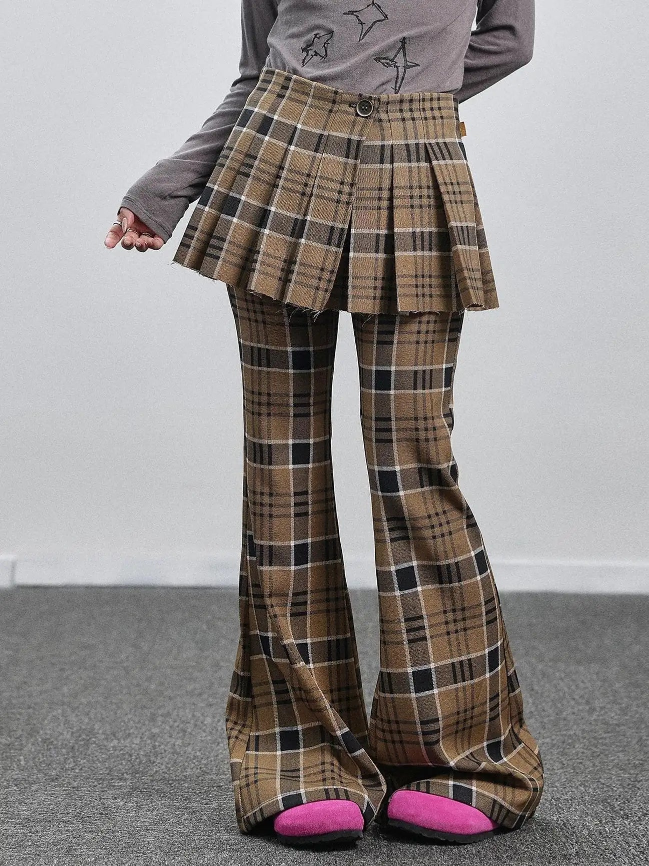 Yellow Checkered Flare Pants 2025 Summer Autumn Casual Wide Leg Trousers