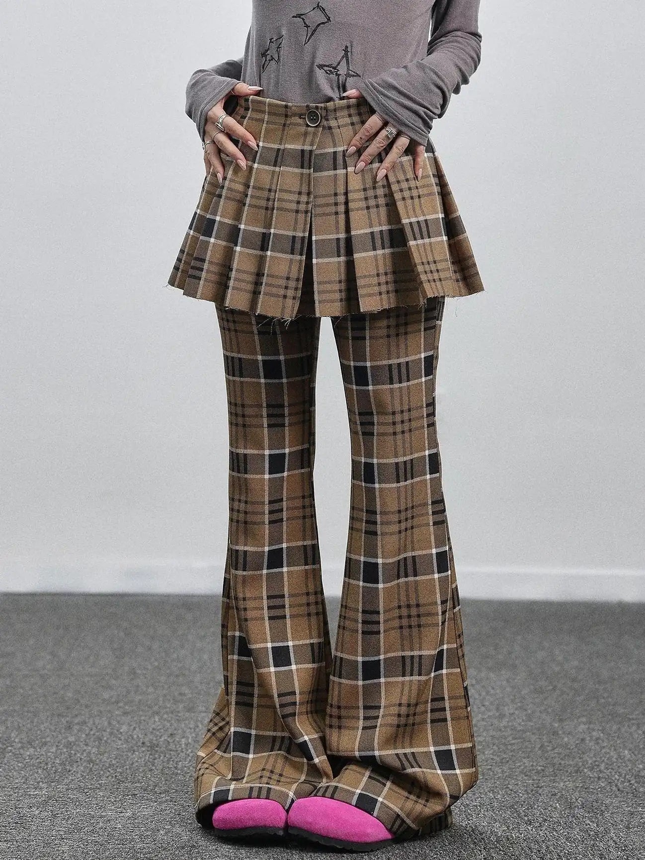 Yellow Checkered Flare Pants 2025 Summer Autumn Casual Wide Leg Trousers