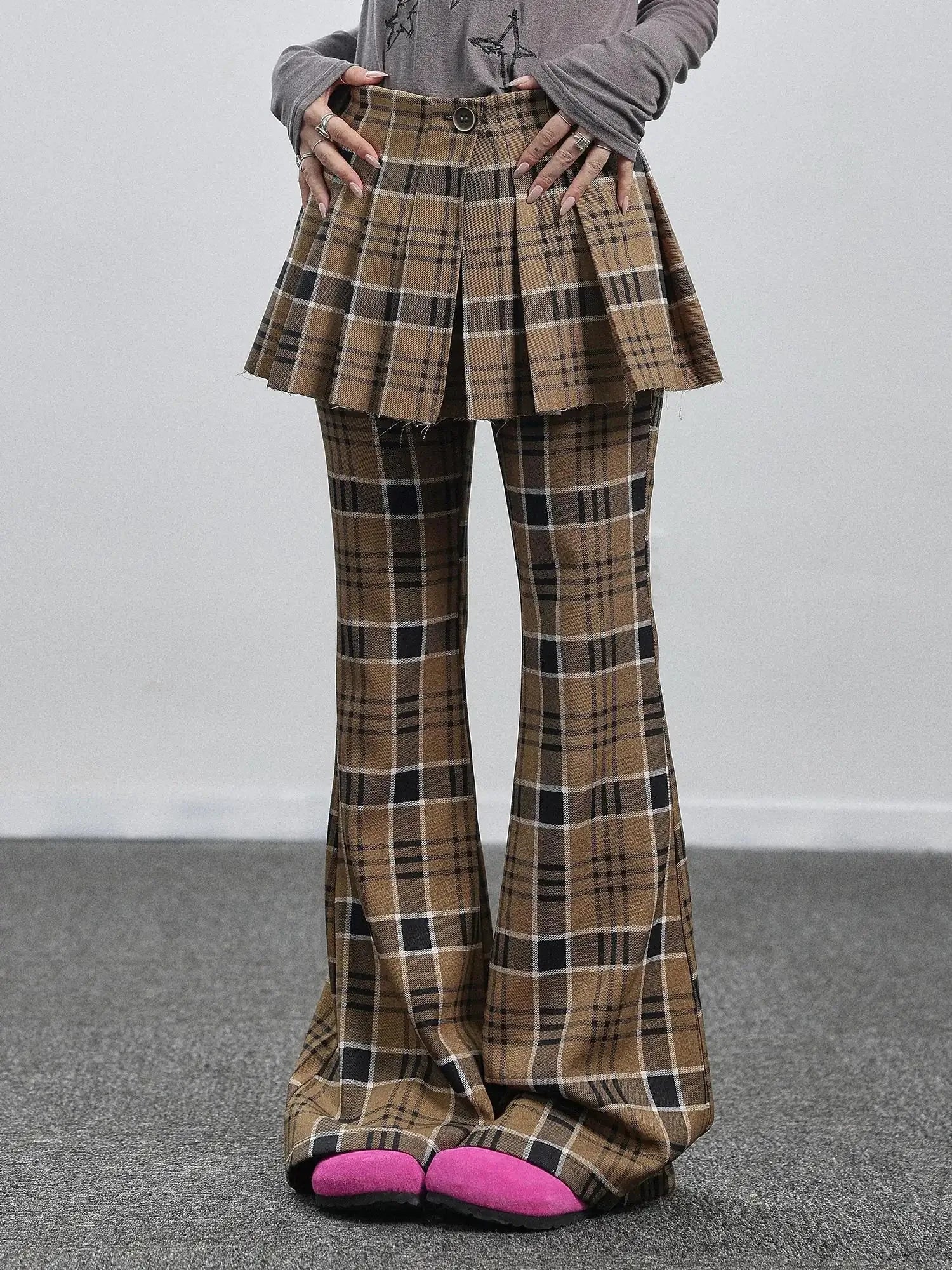 Yellow Checkered Flare Pants 2025 Summer Autumn Casual Wide Leg Trousers