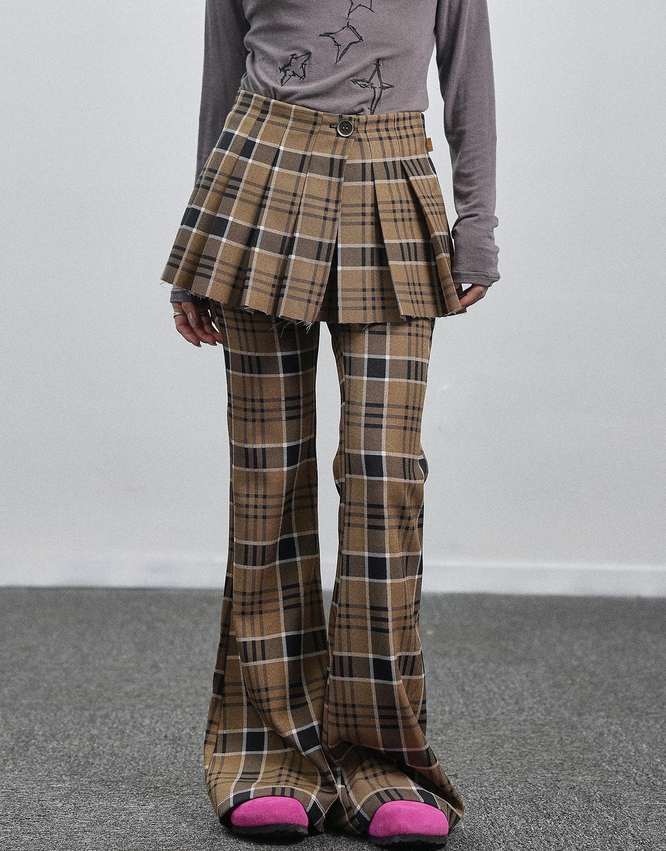 Achihara Yellow Checkered Flare Pants 2025 Summer Autumn Casual Wide Leg Trousers