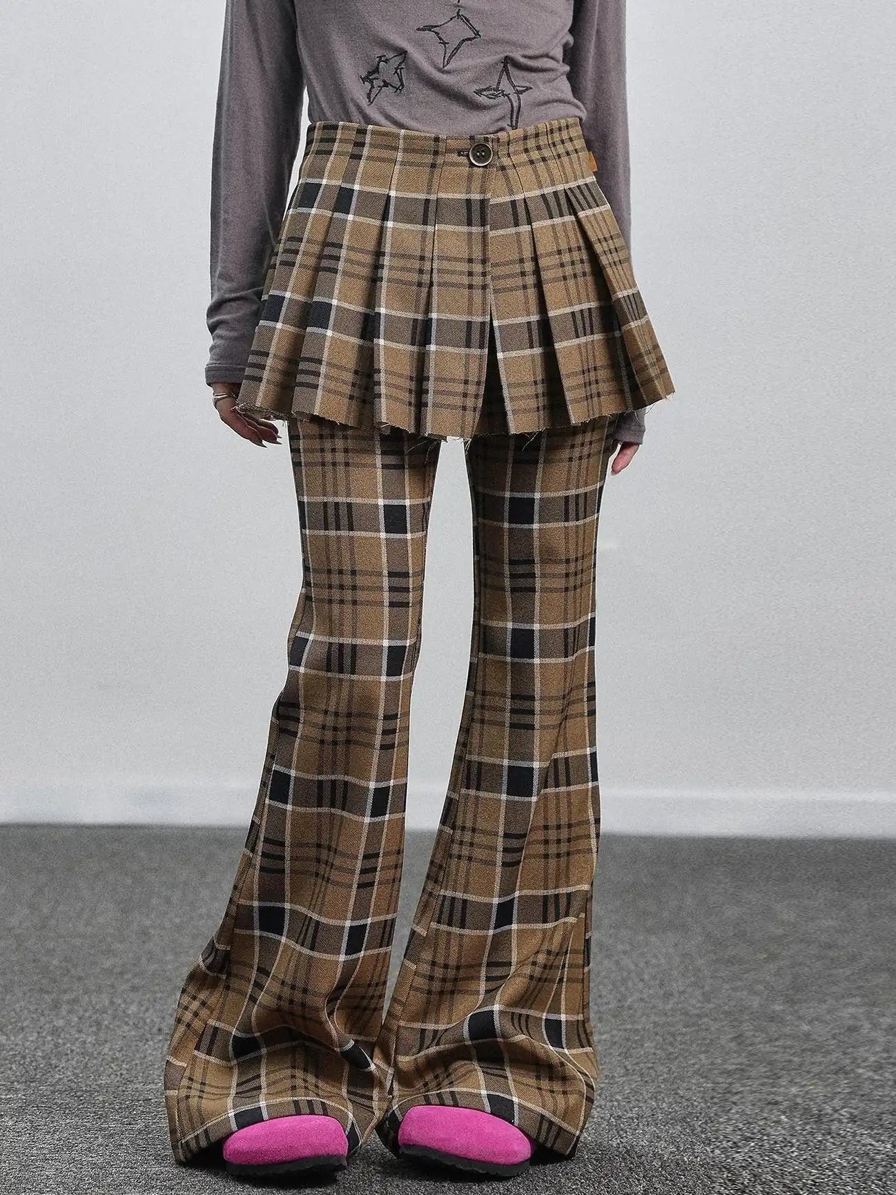 Yellow Checkered Flare Pants 2025 Summer Autumn Casual Wide Leg Trousers