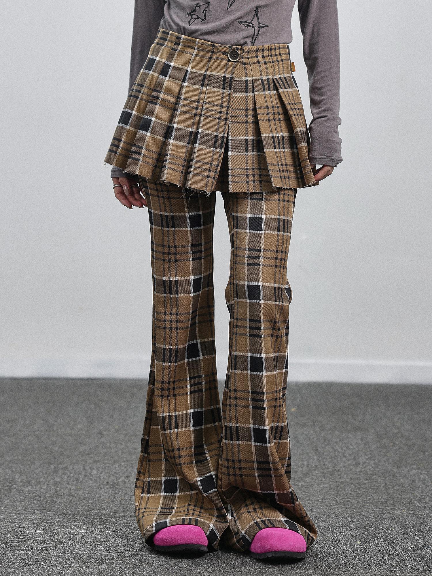 Achihara Yellow Checkered Flare Pants 2025 Summer Autumn Casual Wide Leg Trousers