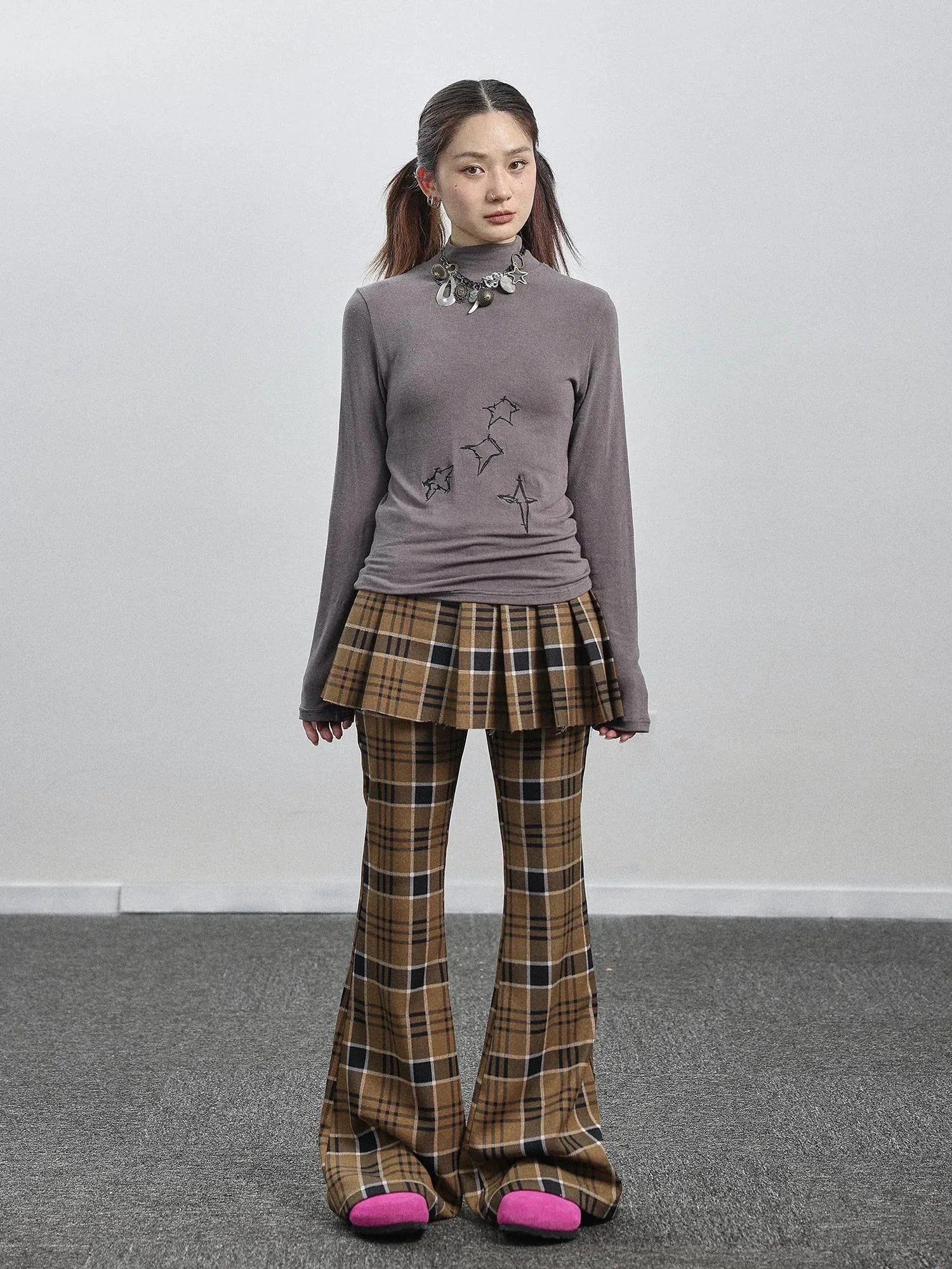Yellow Checkered Flare Pants 2025 Summer Autumn Casual Wide Leg Trousers