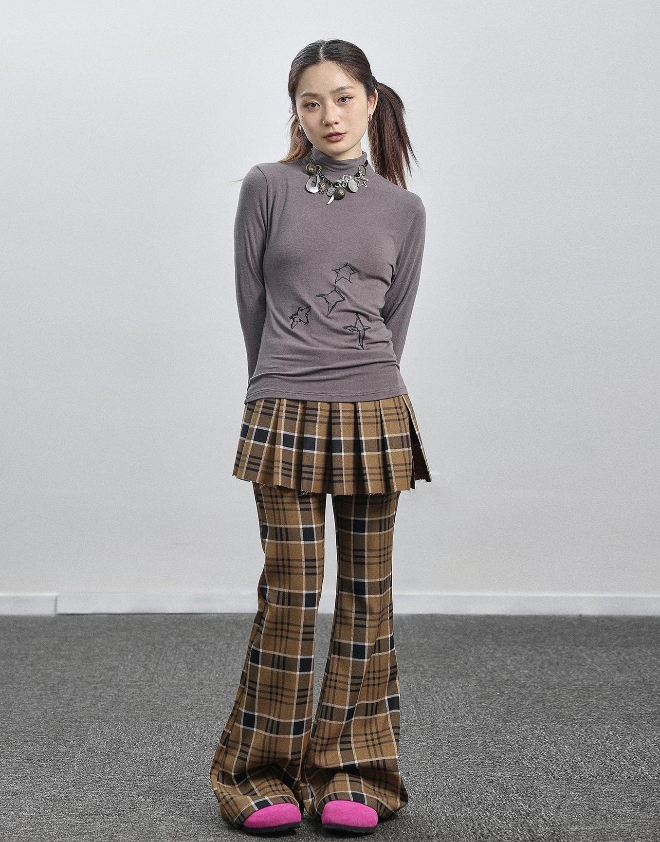 Achihara Yellow Checkered Flare Pants 2025 Summer Autumn Casual Wide Leg Trousers