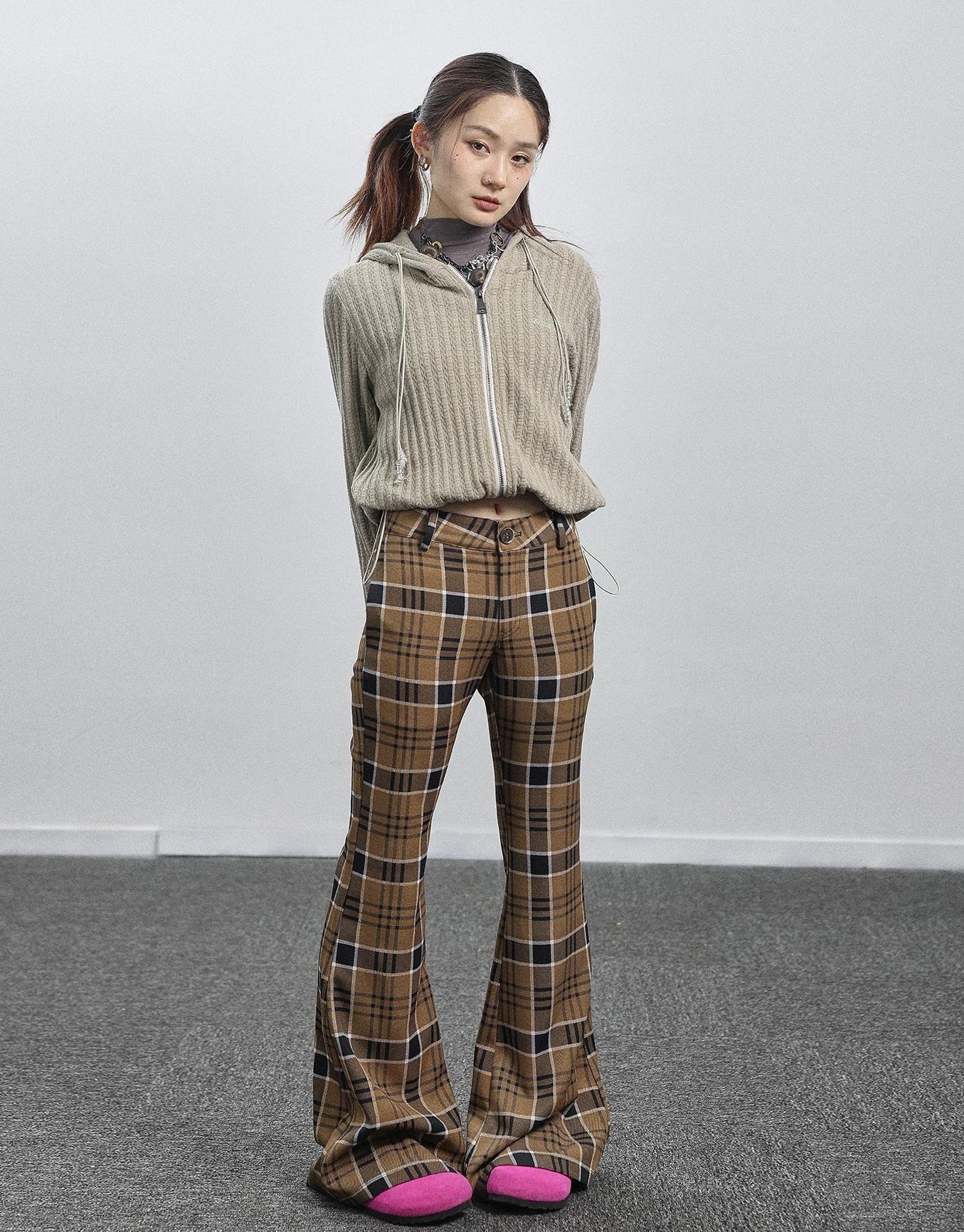 Achihara Yellow Checkered Flare Pants 2025 Summer Autumn Casual Wide Leg Trousers