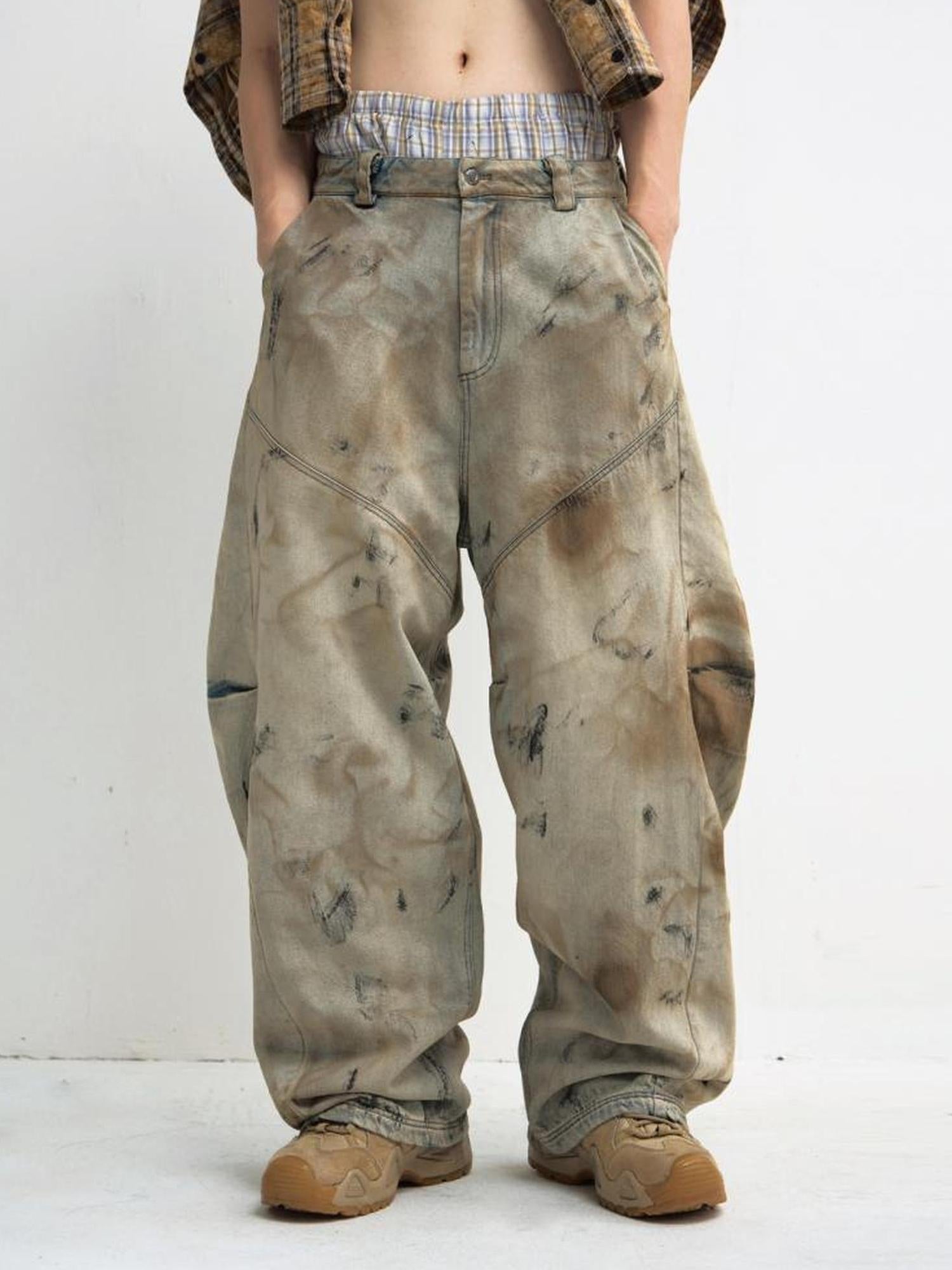 Peoplesense Yellow Clay Dyed Baggy Arc Jeans With 4D Pleats Custom Hardware