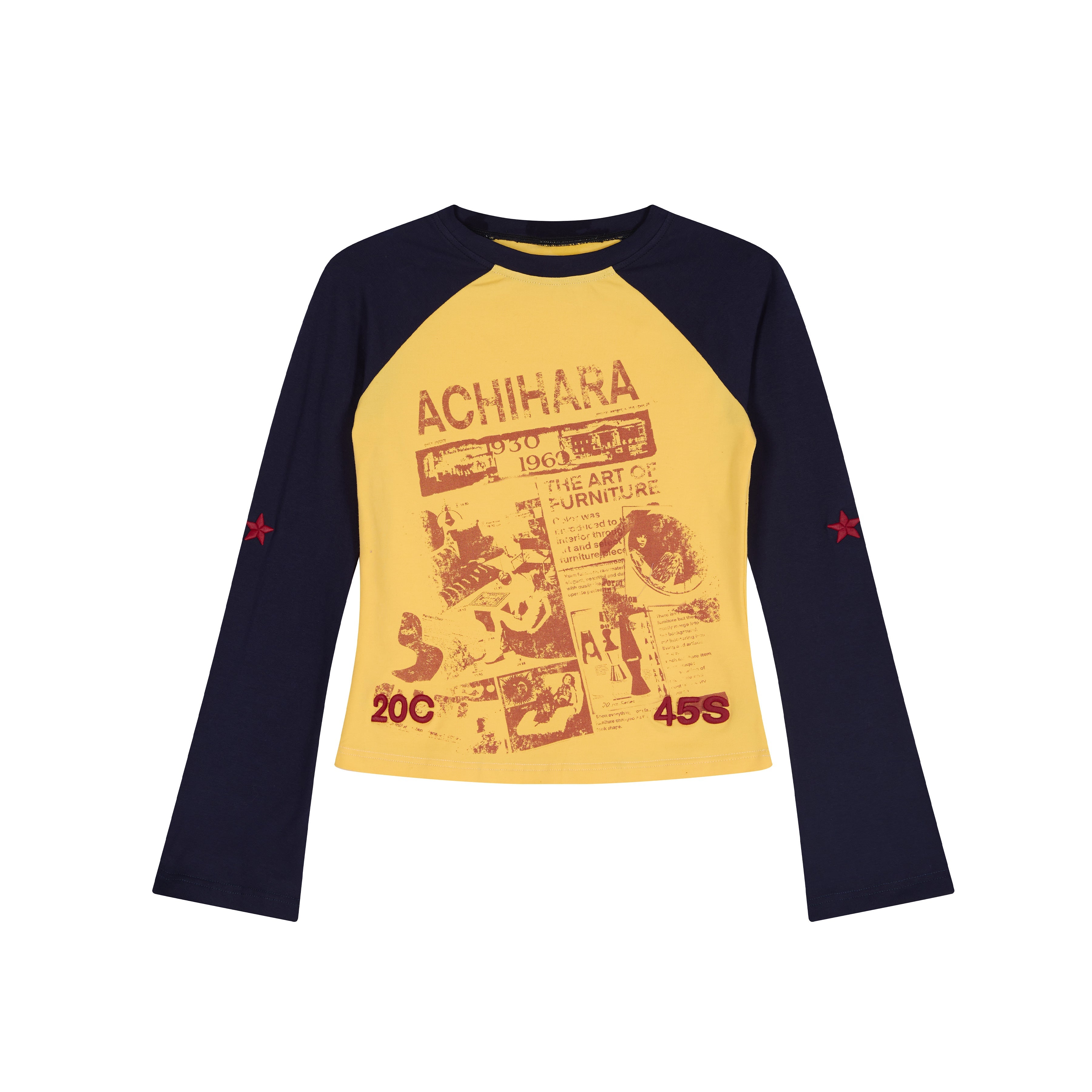 Achihara Retro Contrast Knit Tee V-Neck T-Shirt Long-Sleeve