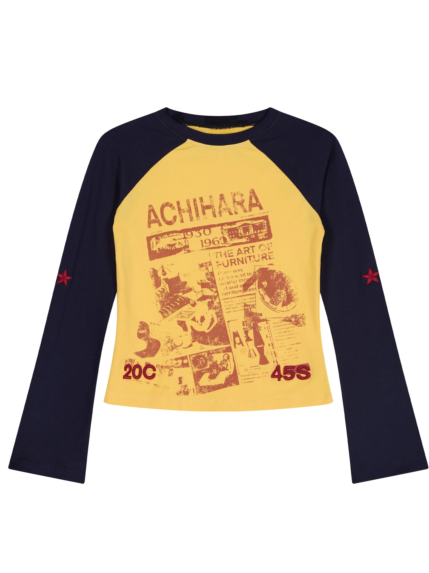 Retro Contrast Knit Tee V-Neck T-Shirt Long-Sleeve