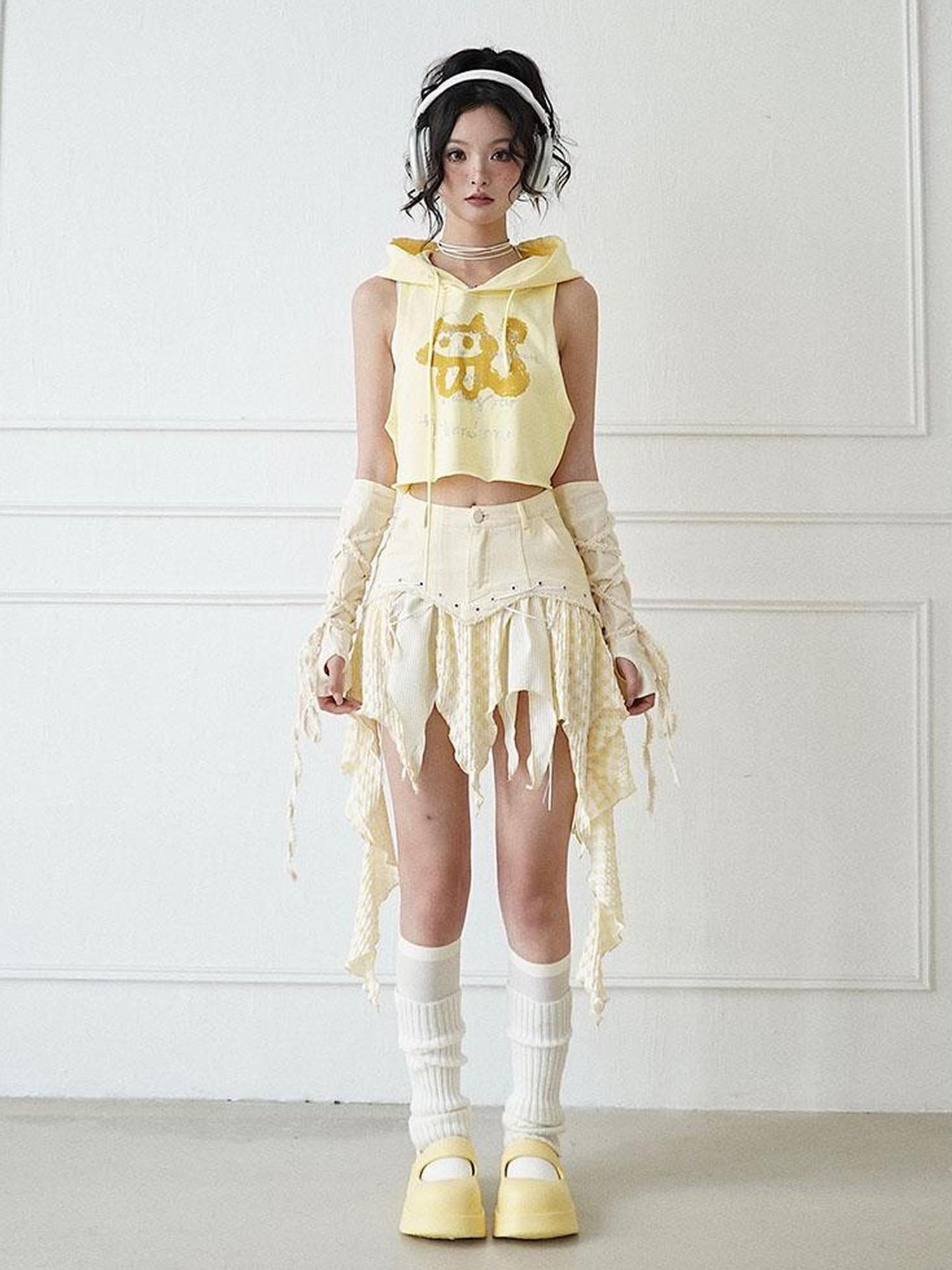 WSW WUSHENWU Yellow Hooded Sweatshirt Vest With Rhinestone Print Two Piece Set