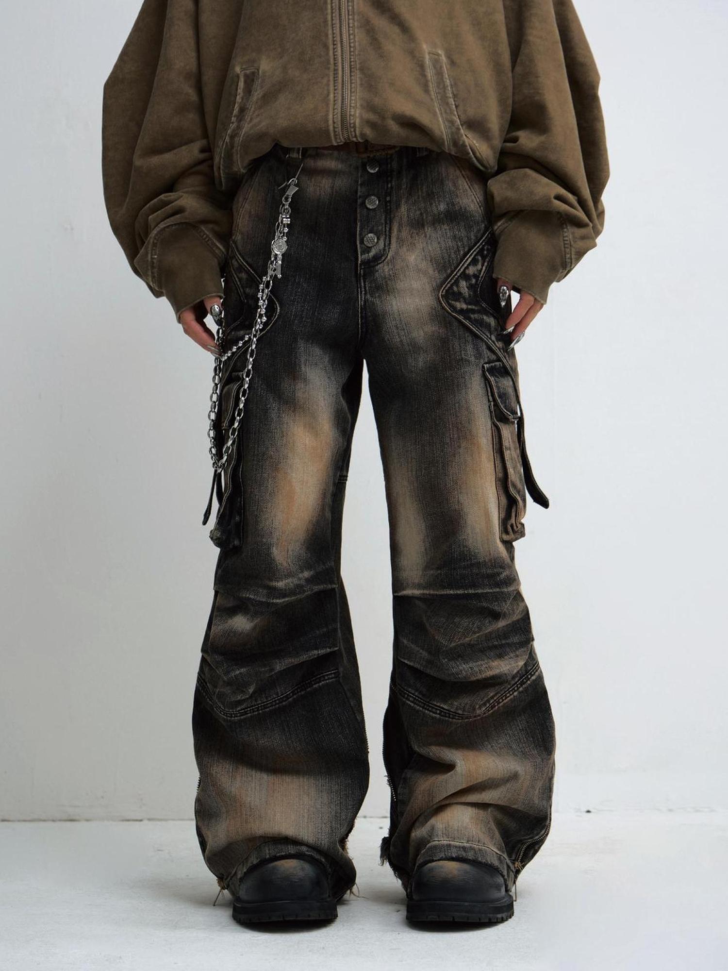 Peoplesense Yellow Mud Dyed Pleated Wide Leg Jeans With Black Vintage Wash