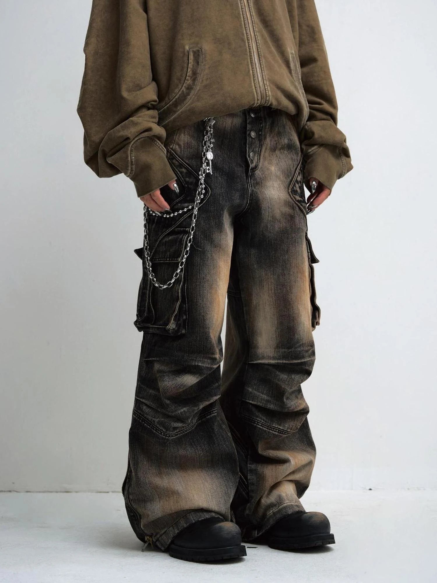 Yellow Mud Dyed Pleated Wide Leg Jeans With Black Vintage Wash