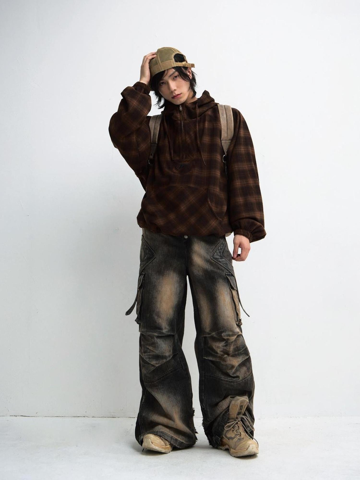Peoplesense Yellow Mud Dyed Pleated Wide Leg Jeans With Black Vintage Wash