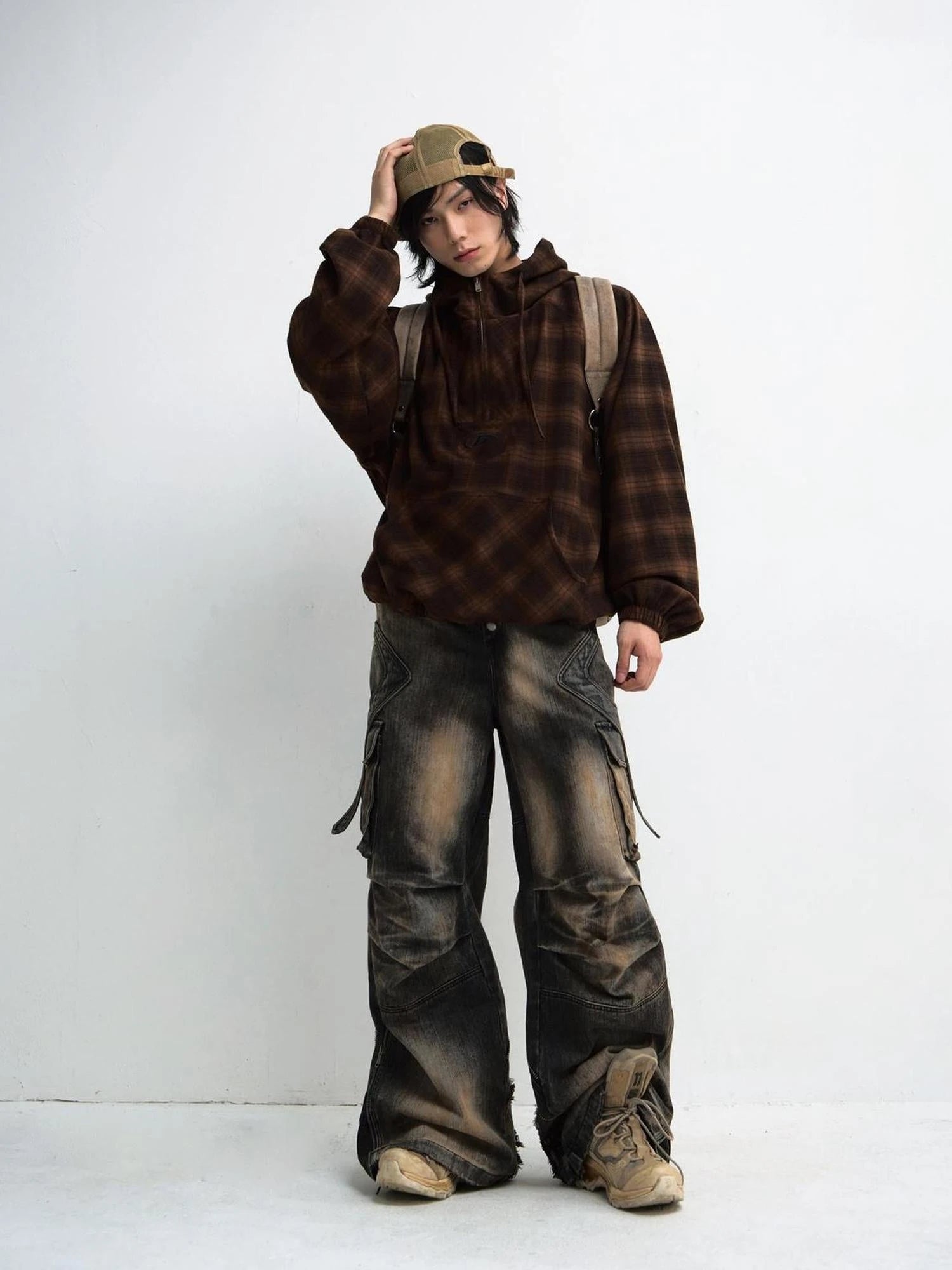 Yellow Mud Dyed Pleated Wide Leg Jeans With Black Vintage Wash