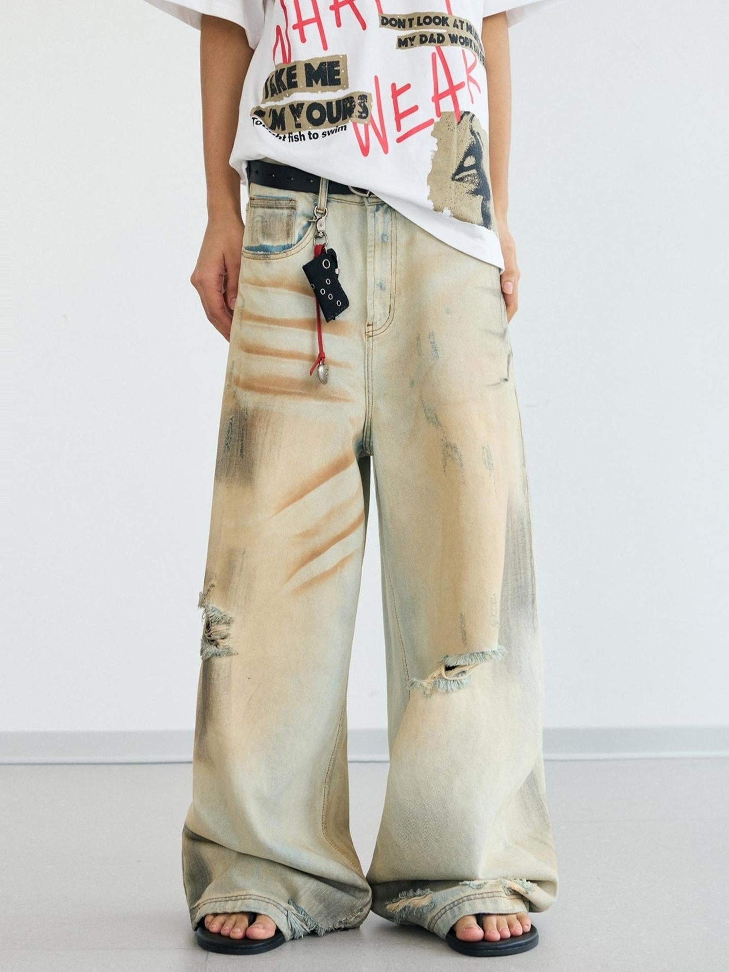 Peoplesense Yellow Mud Dyed Vintage Ripped Loose Straight Jeans