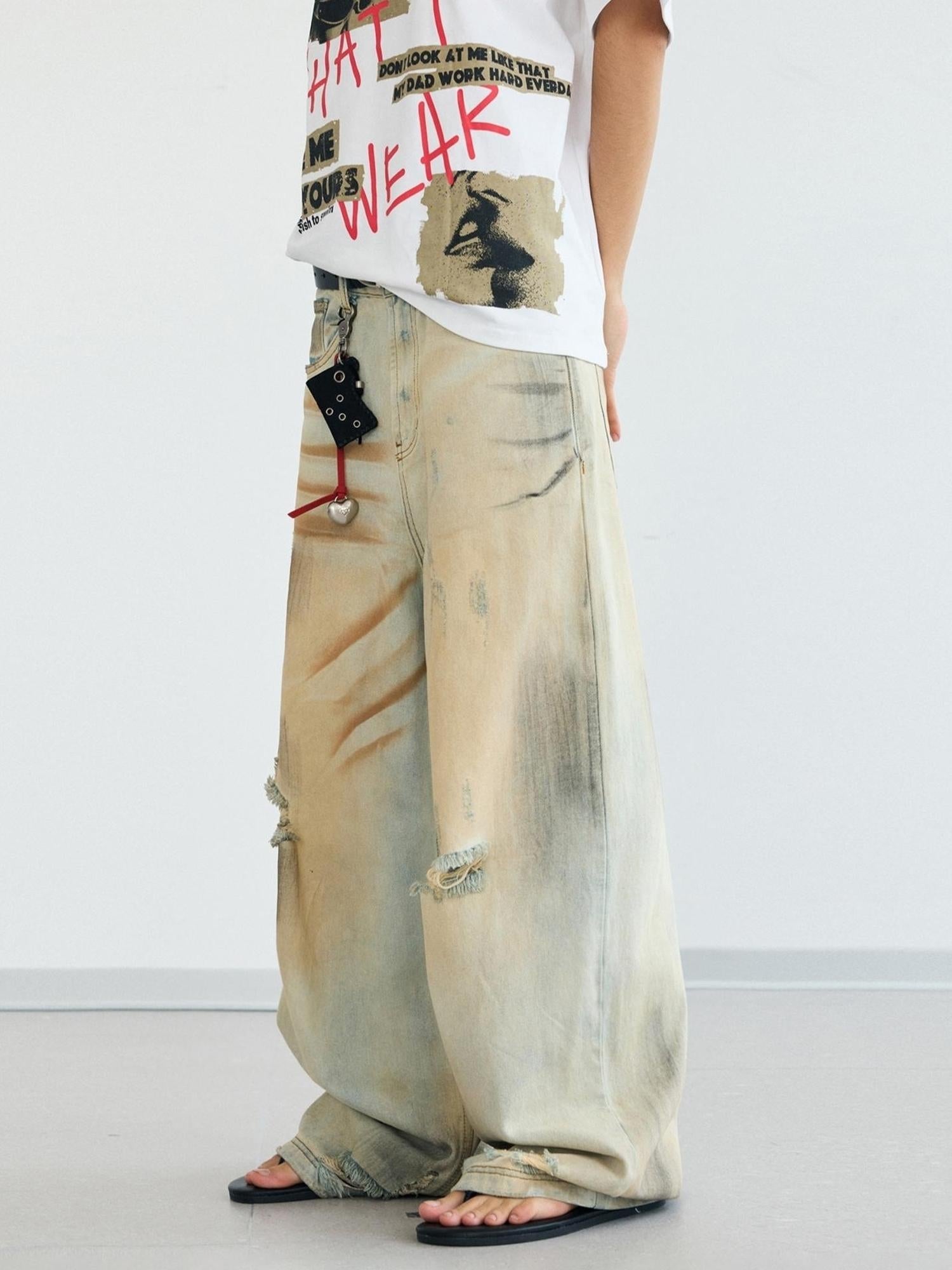 Peoplesense Yellow Mud Dyed Vintage Ripped Loose Straight Jeans