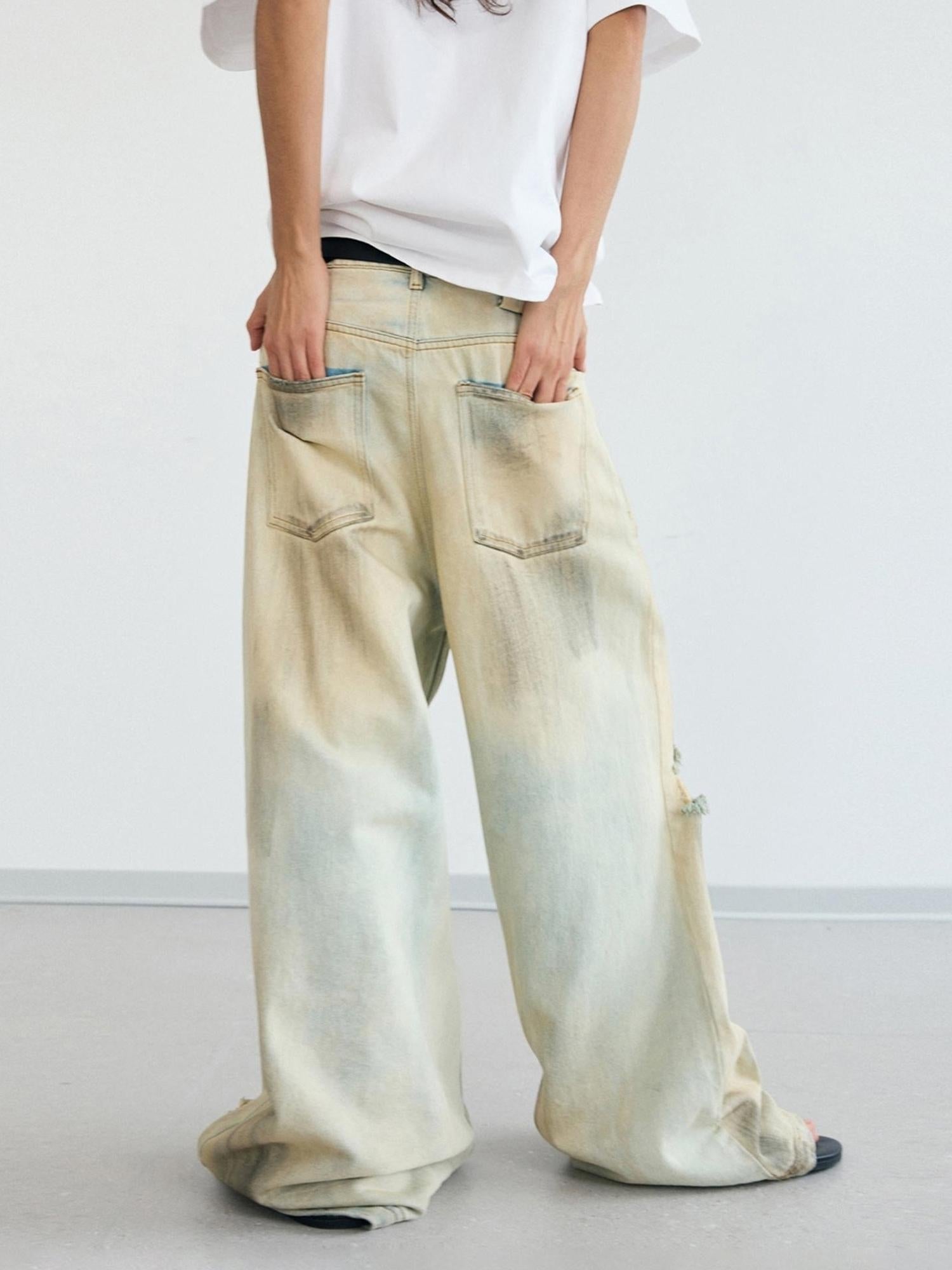 Peoplesense Yellow Mud Dyed Vintage Ripped Loose Straight Jeans