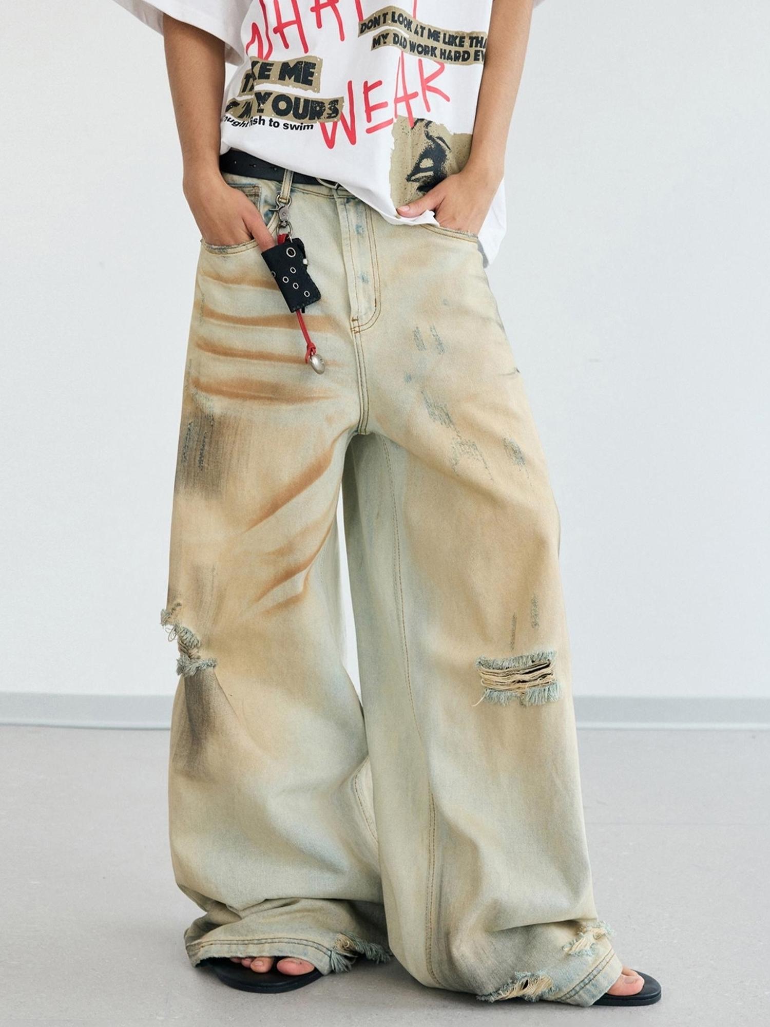Peoplesense Yellow Mud Dyed Vintage Ripped Loose Straight Jeans
