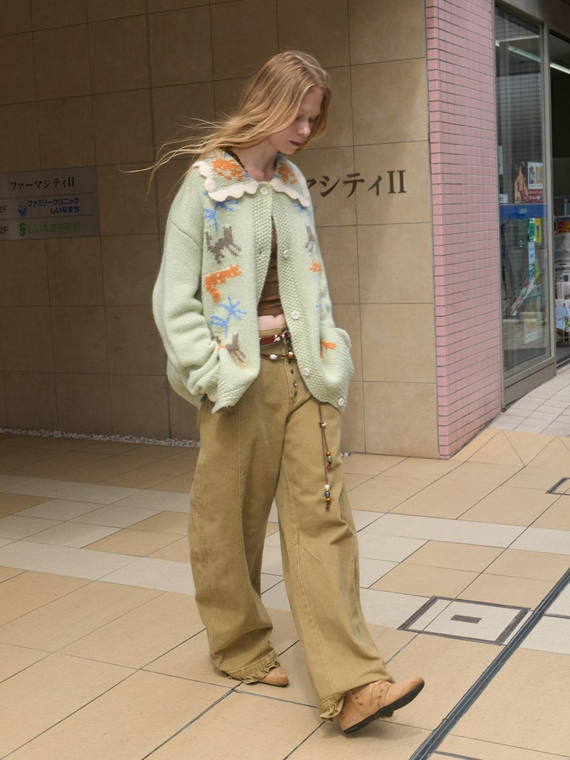 OuttheBlue Warm Acrylic Wool Commuter Loose Jacquard Mint Green Cardigans