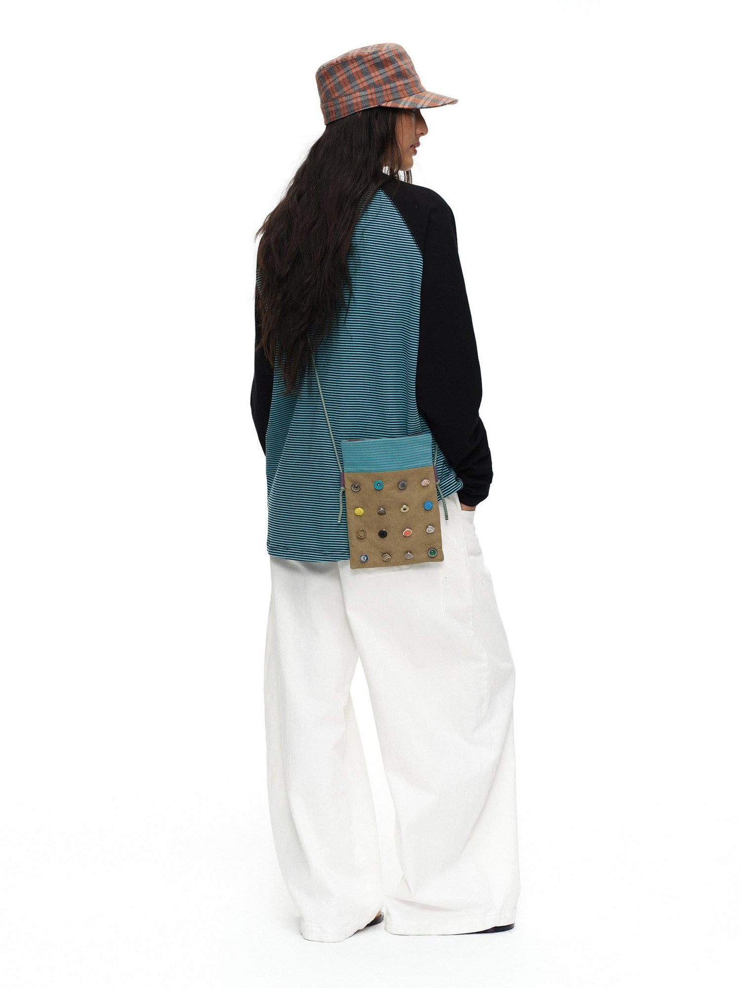 oinimi Khaki Stripe Button Badge Studded Square Women&