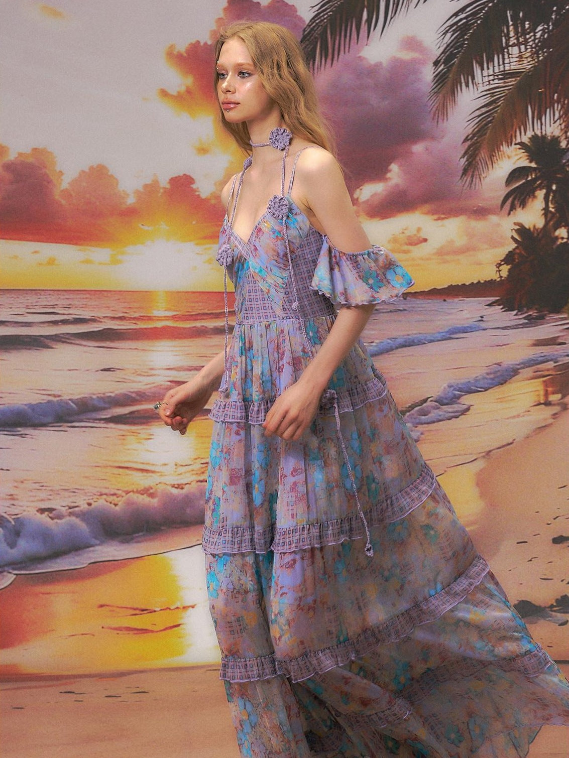 The NeverMore High Waist A Line V-neck Strappy Street Women Blue Purple Polyester Maxi Dresses