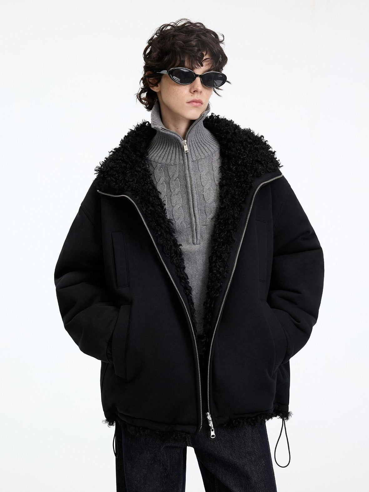 RUN TO THE FUTURE Reversible Fleece Lined Loose Fit Long Vintage Black Womens Puffer Jackets