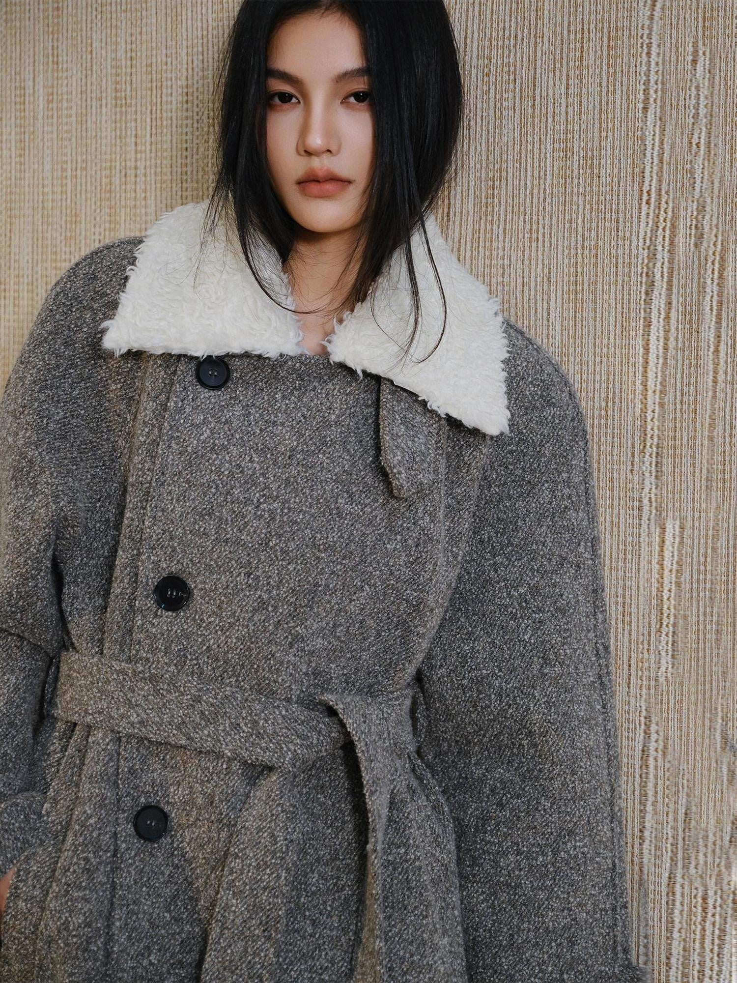 FU FRESH UP Minimalist Detachable Fur Collar Button Tie Women&