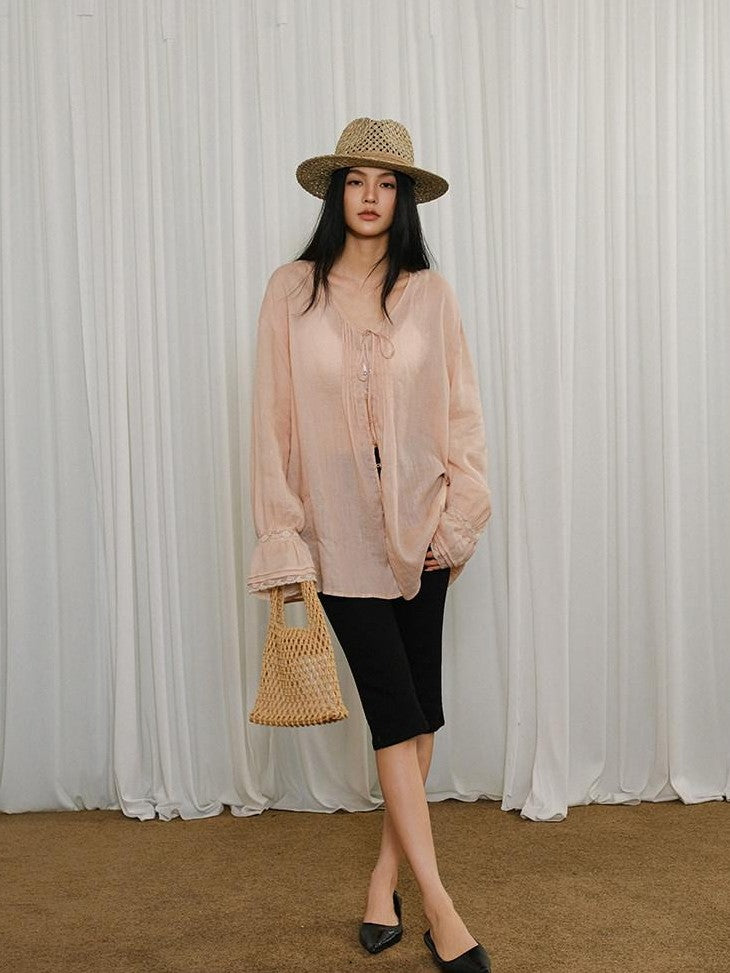 FU FRESH UP French Lace Tie Woven Long Sleeve Loose Mid Length Women&