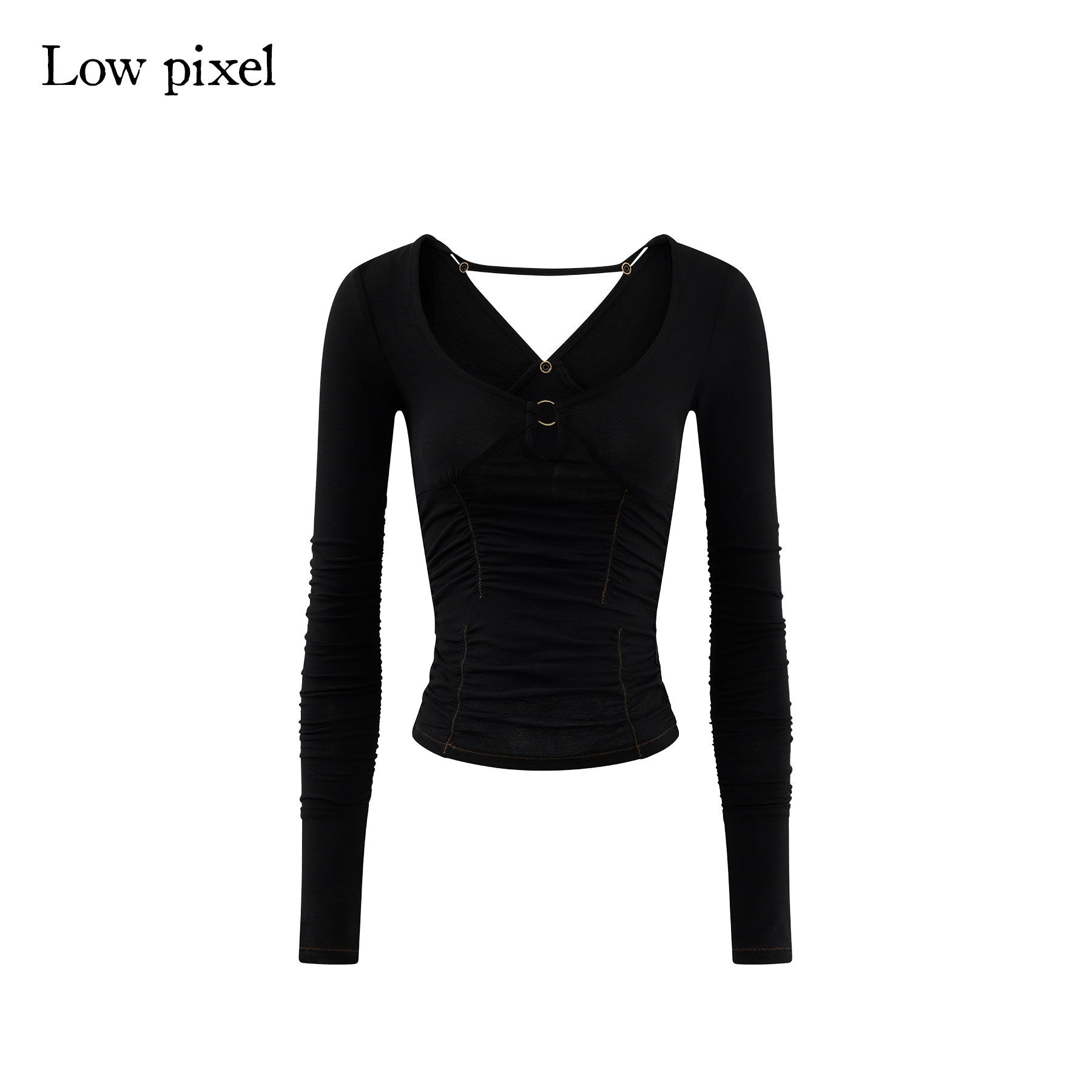 Low pixel Slim Fit Ruched Stretch Cotton Gothic Black Women U Neck Long Sleeve Crop Tops