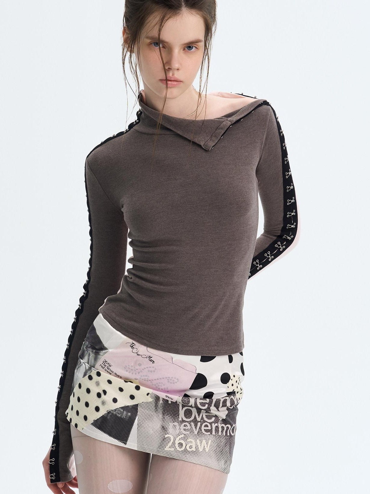 The NeverMore Brushed Viscose Spandex Sexy Slim Half Open Collar Long Sleeve Crop Tops