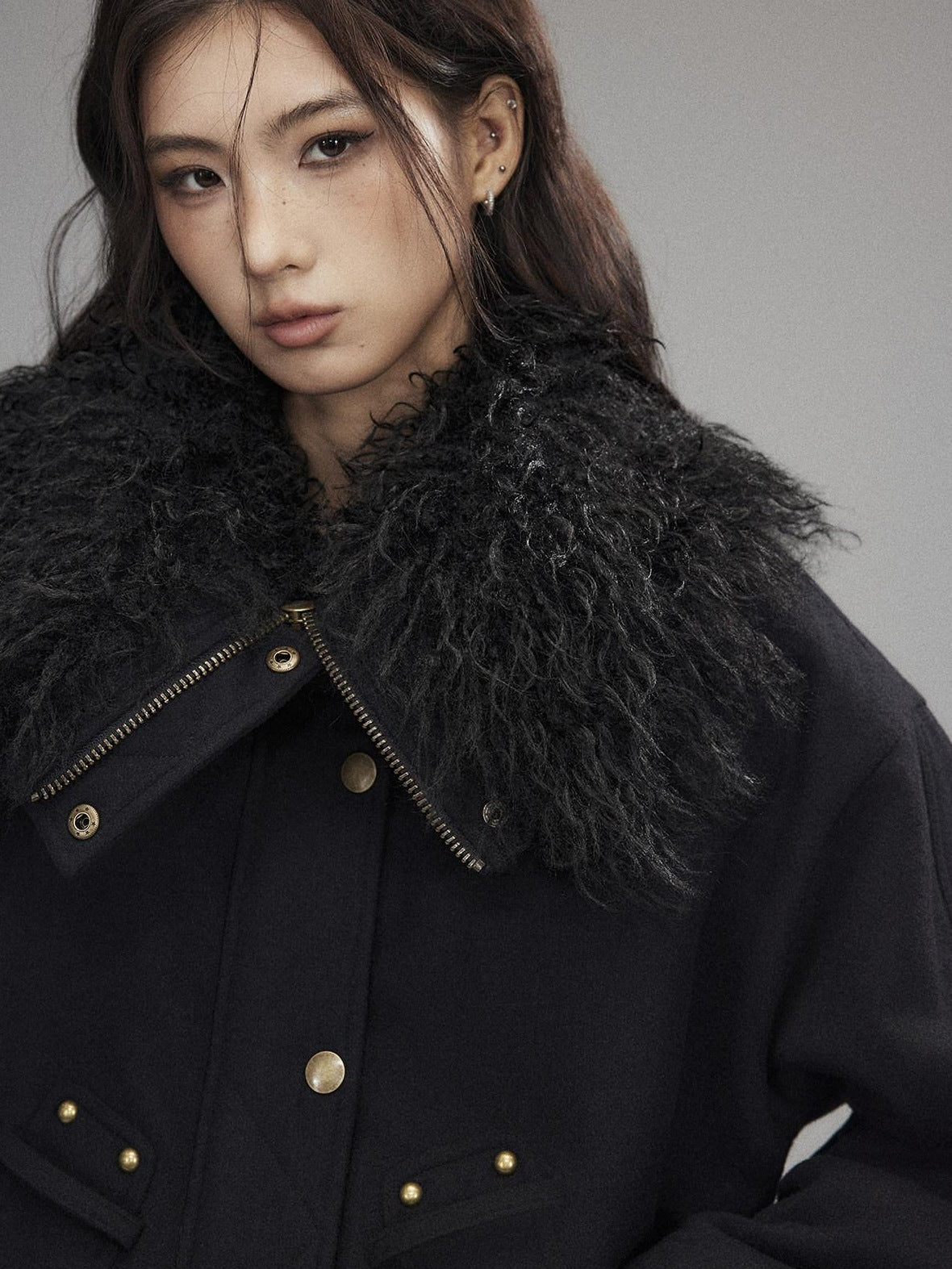 Low pixel Thick Wool Blend Multi Pocket Loose Fit Sexy Girl Black Zipper Cropped Jackets