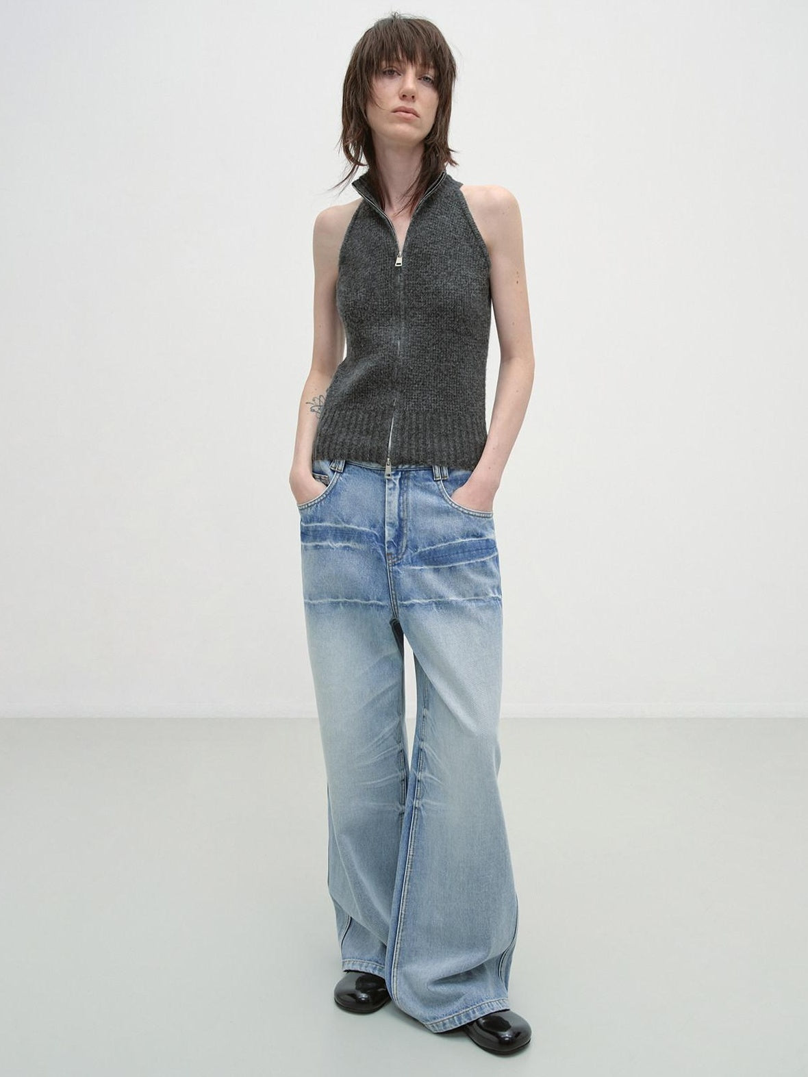 RUN TO THE FUTURE Washed Low Waist Casual Loose Fit Cotton Zipper Women Denim Blue Wide-Leg Jeans