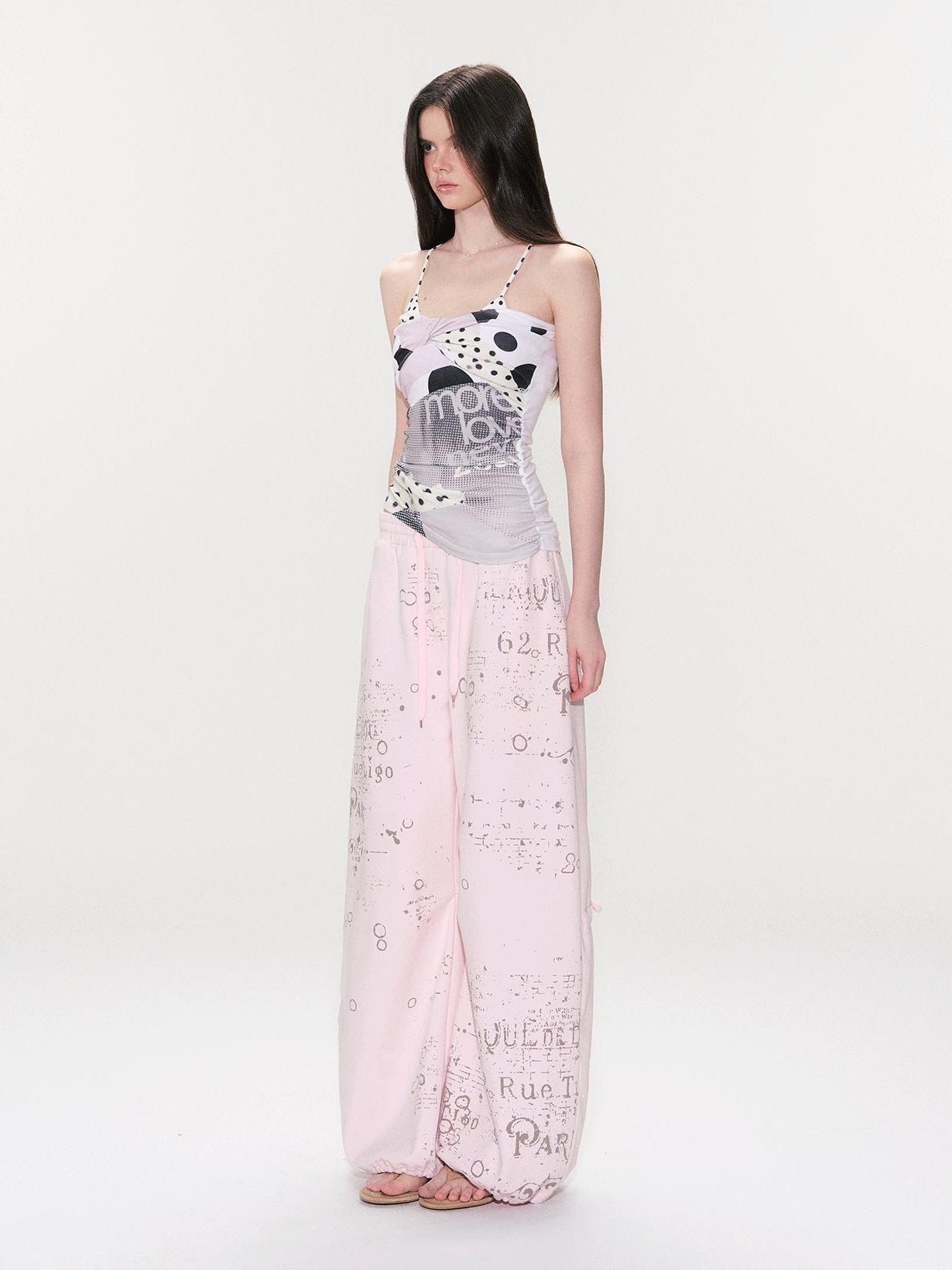 The NeverMore Soft Cotton Letter Print Natural Waist American Style Women Wide Leg Pants