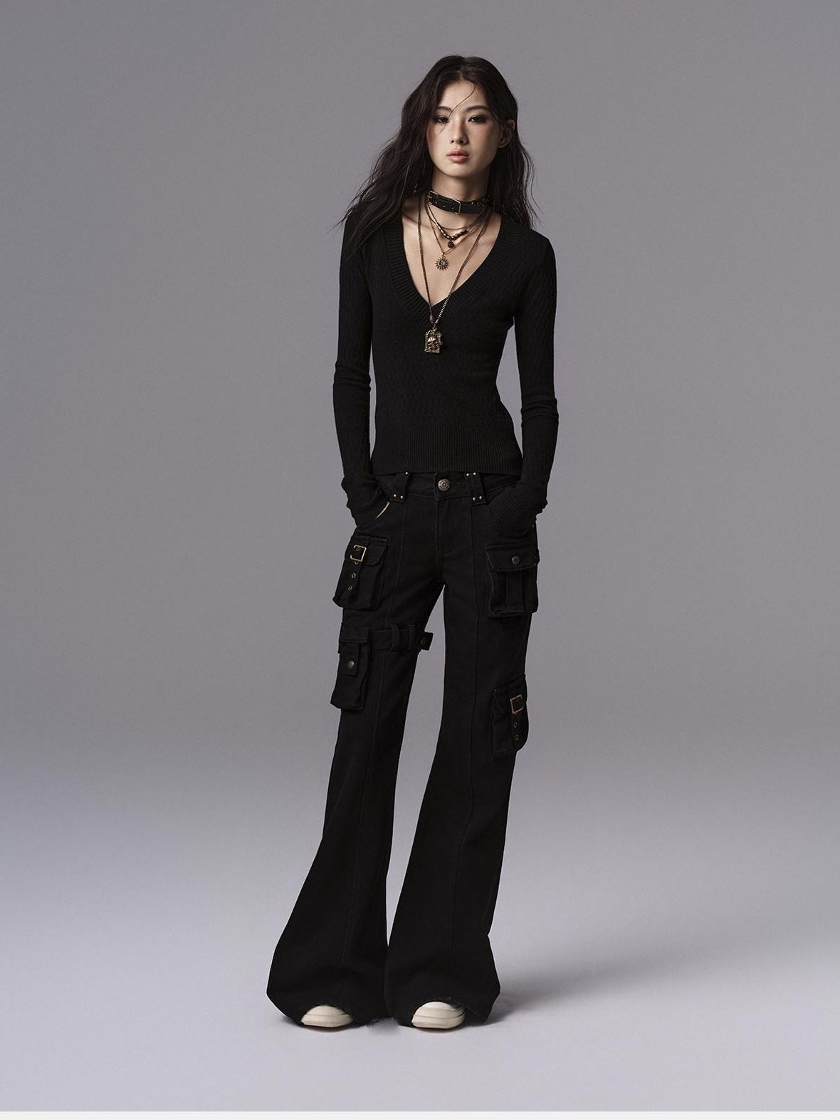 Low pixel Waist Cinched Gothic Slim V-neck Black Women Pullover Cropped Jackets