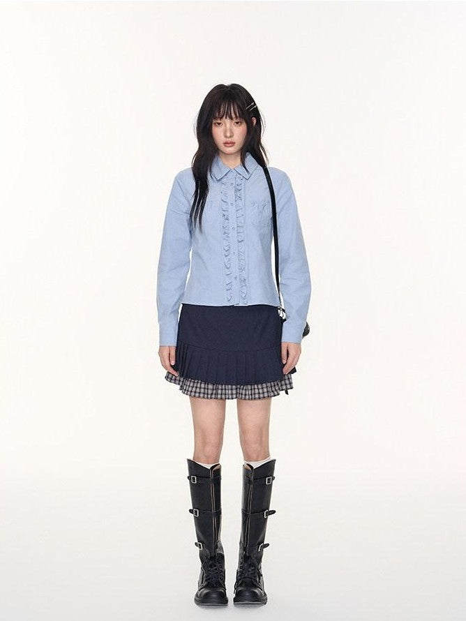NAPSNAPS Ruffle Trim Pleated Point Collar Patch Pocket Women&