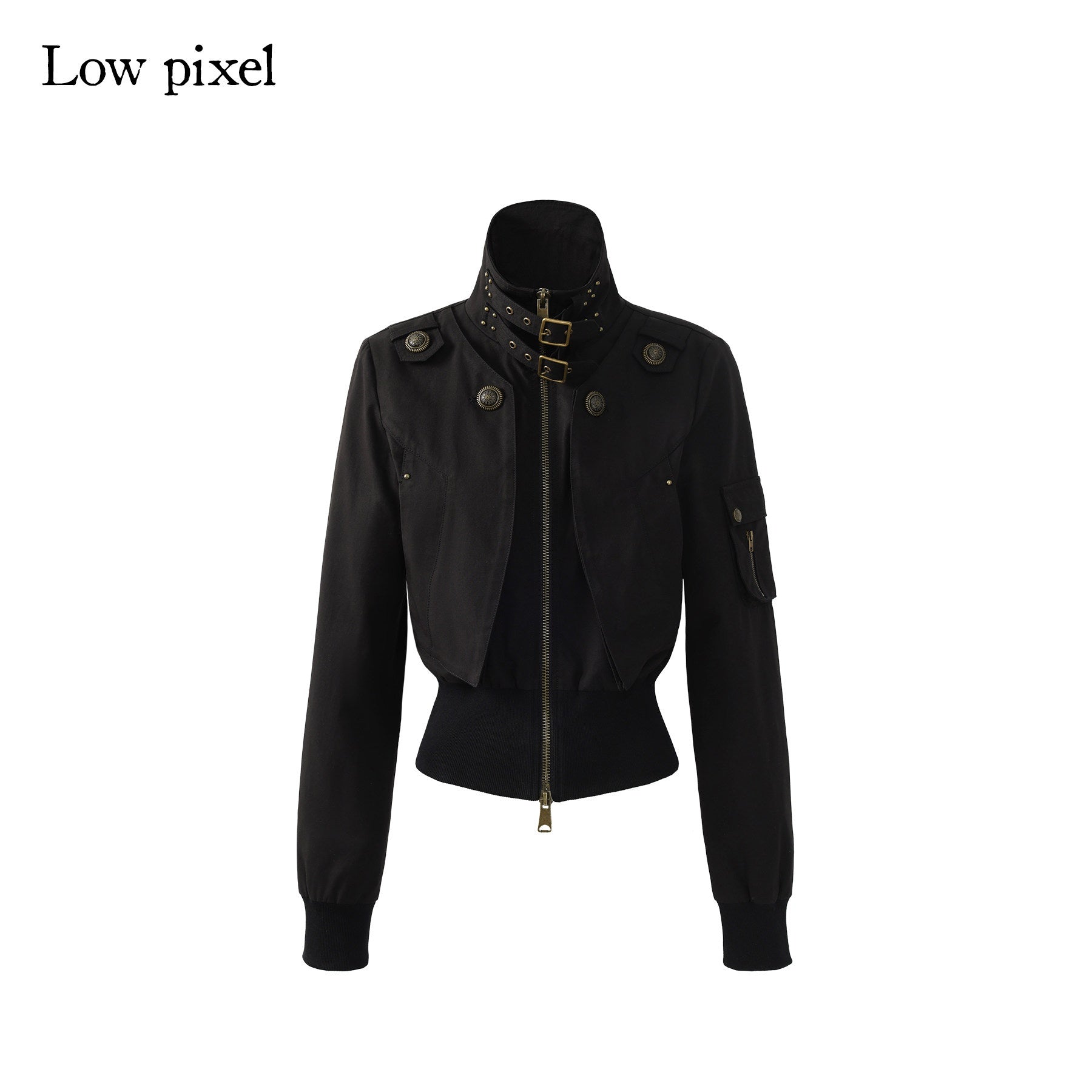 Low pixel Plush Lined Waist Cinch Dark Goth Slim Fit Women Zip High Collar Cropped Jackets