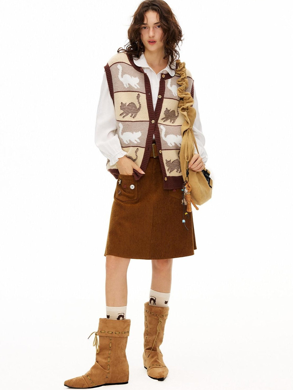 OuttheBlue Handsewn Embroidery Minimalist A Line Mid Waist Caramel Polyester Midi Skirts